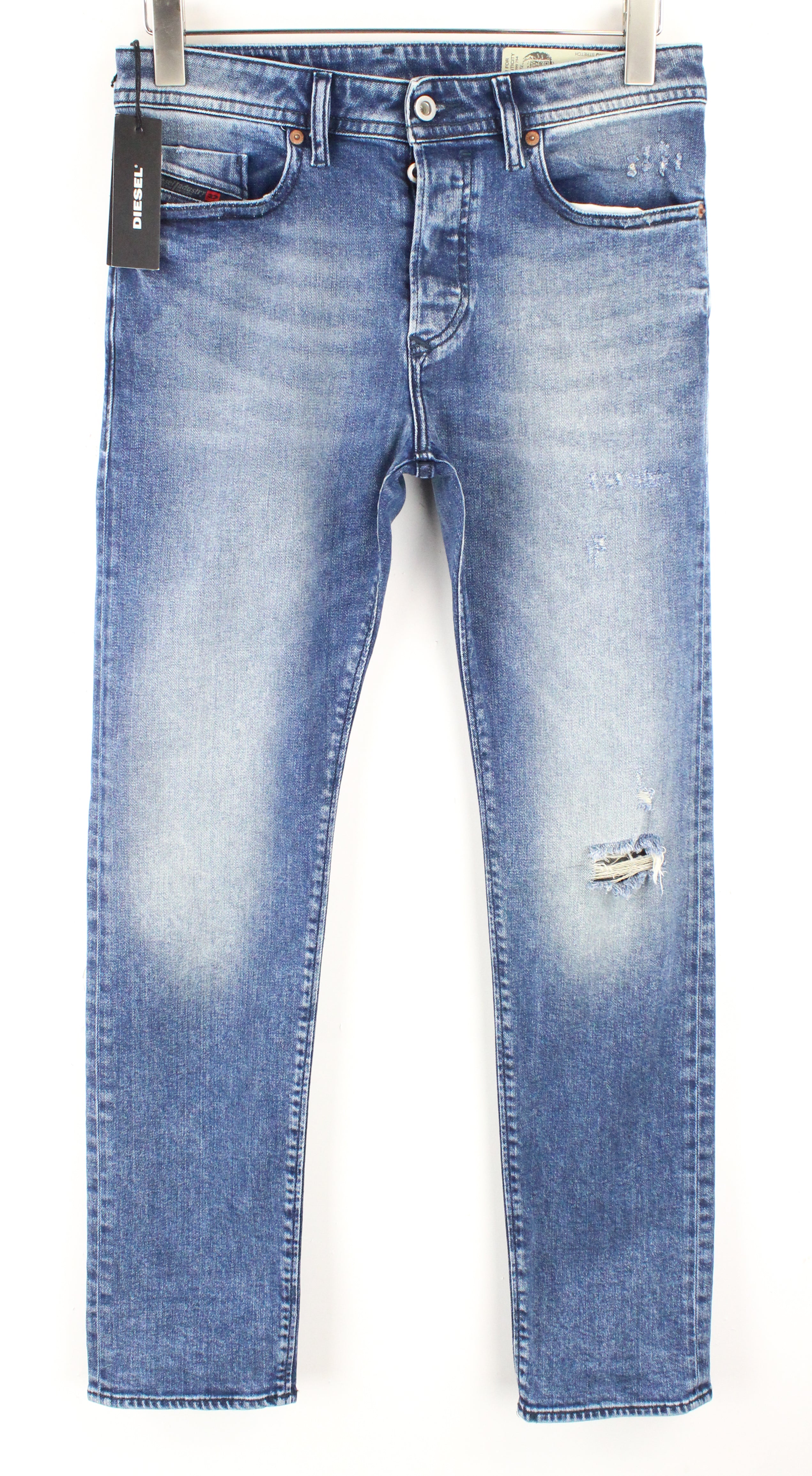 DIESEL Buster 081AQ vyriški džinsai W29 L30 mėlyni, ploni, siaurėjantys, skalbti, tamprūs, medvilniniai. 