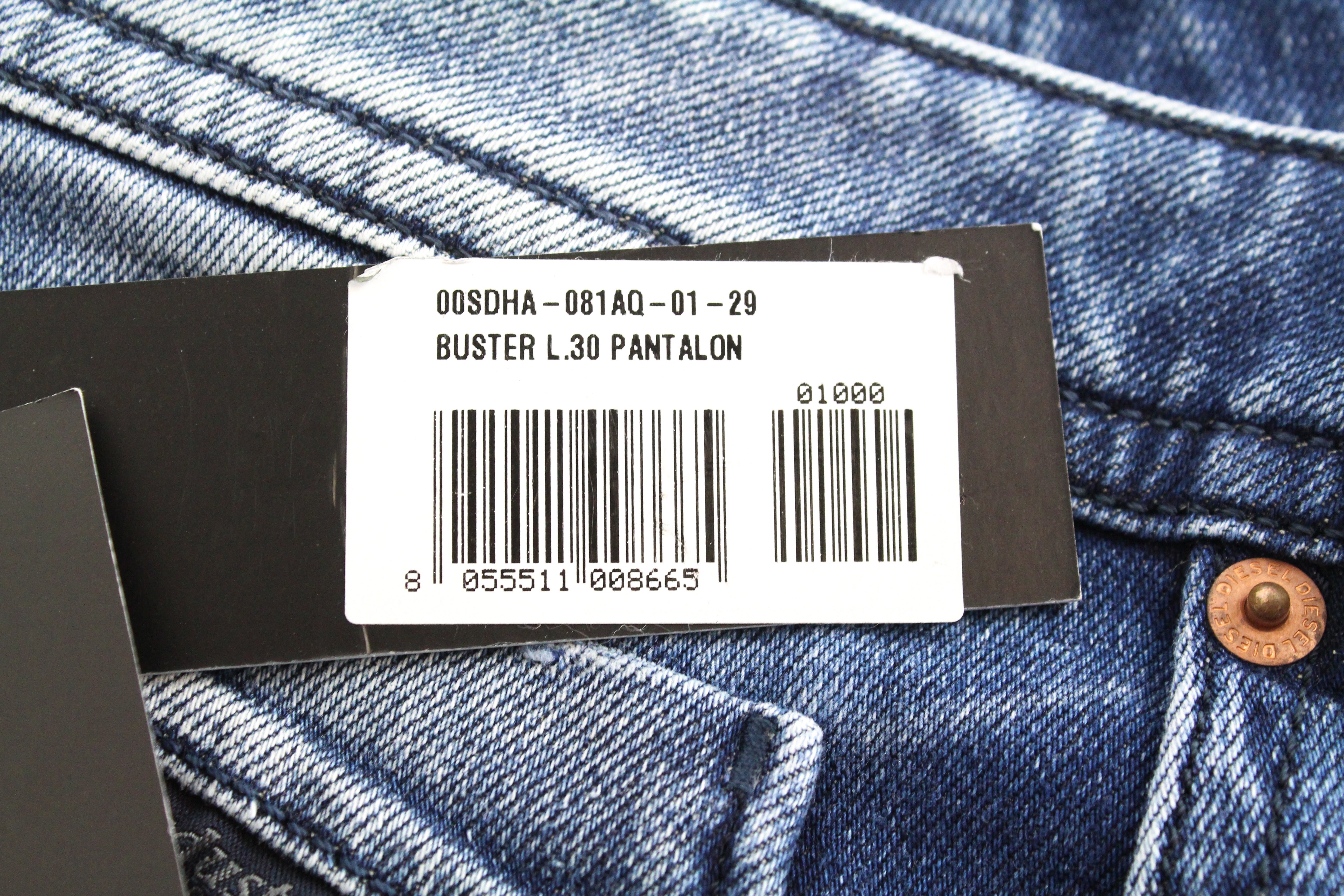 DIESEL Buster 081AQ vyriški džinsai W29 L30 mėlyni, ploni, siaurėjantys, skalbti, tamprūs, medvilniniai. 