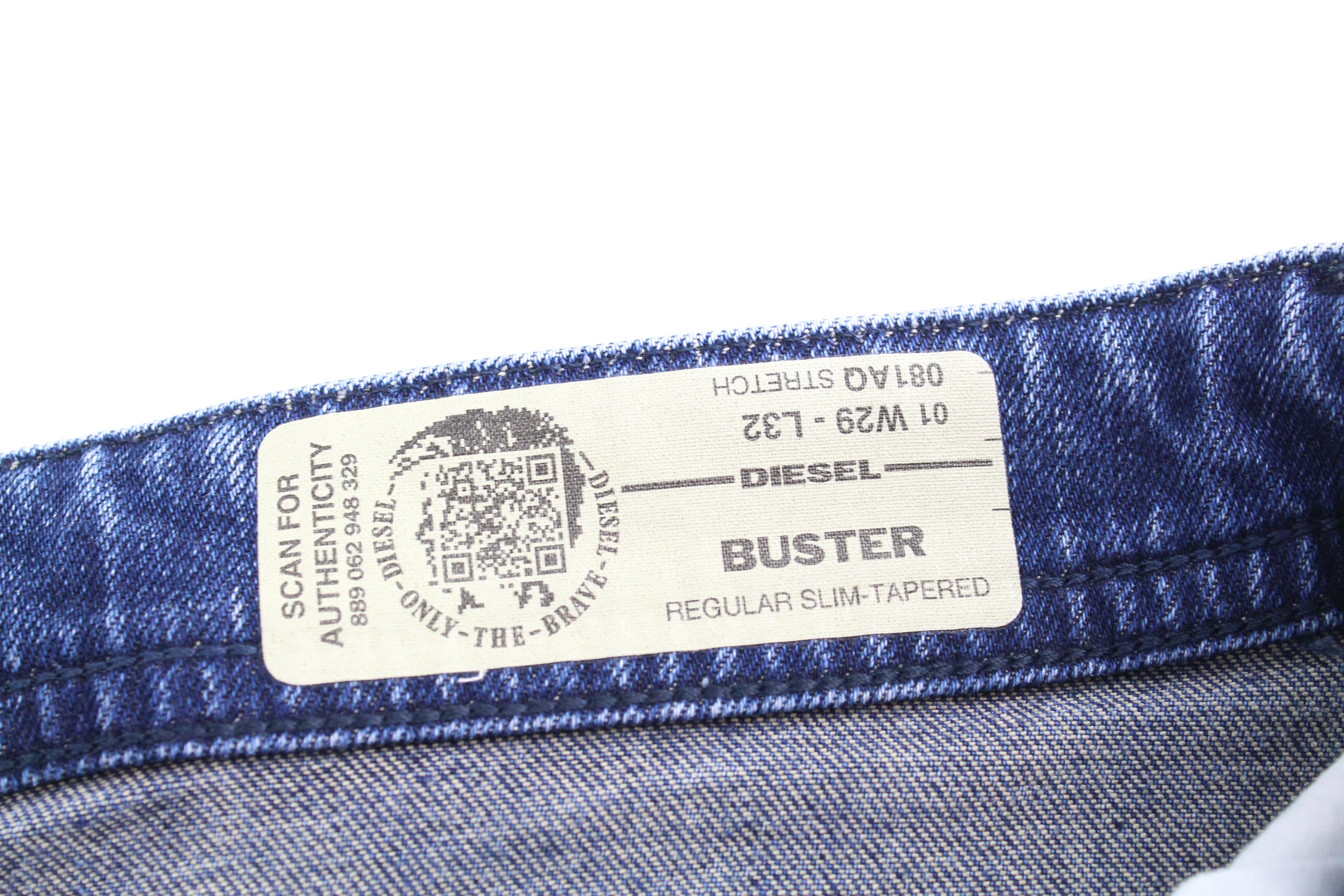 DIESEL Buster 081AQ Men's W29 L32 Jeans Slim Fit Blue Cotton Ripped Stretch