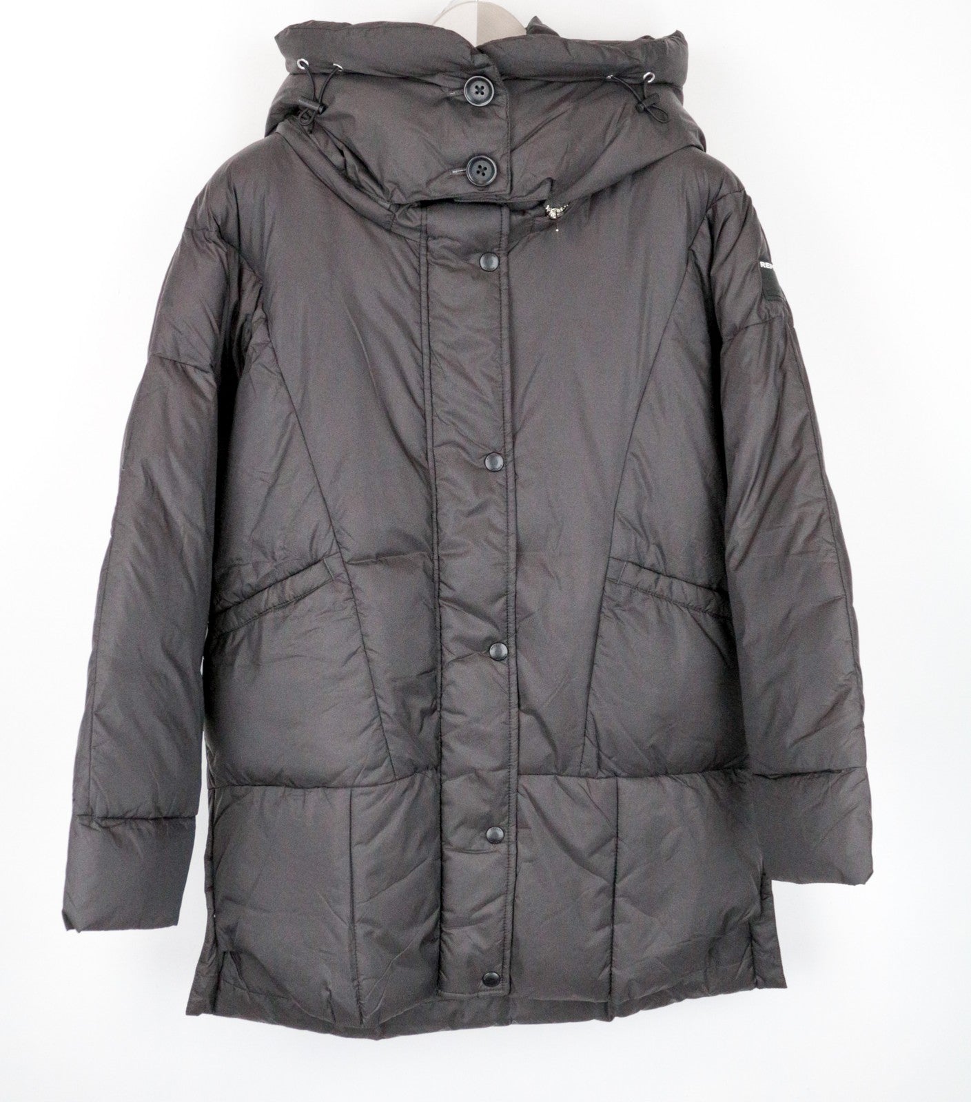 REPLAY moteriškas paltas M rudas pūstas gobtuvas su vidutinio aukščio dygsniuotu dideliu stiliumi