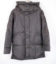 REPLAY moteriškas paltas M rudas pūstas gobtuvas su vidutinio aukščio dygsniuotu dideliu stiliumi