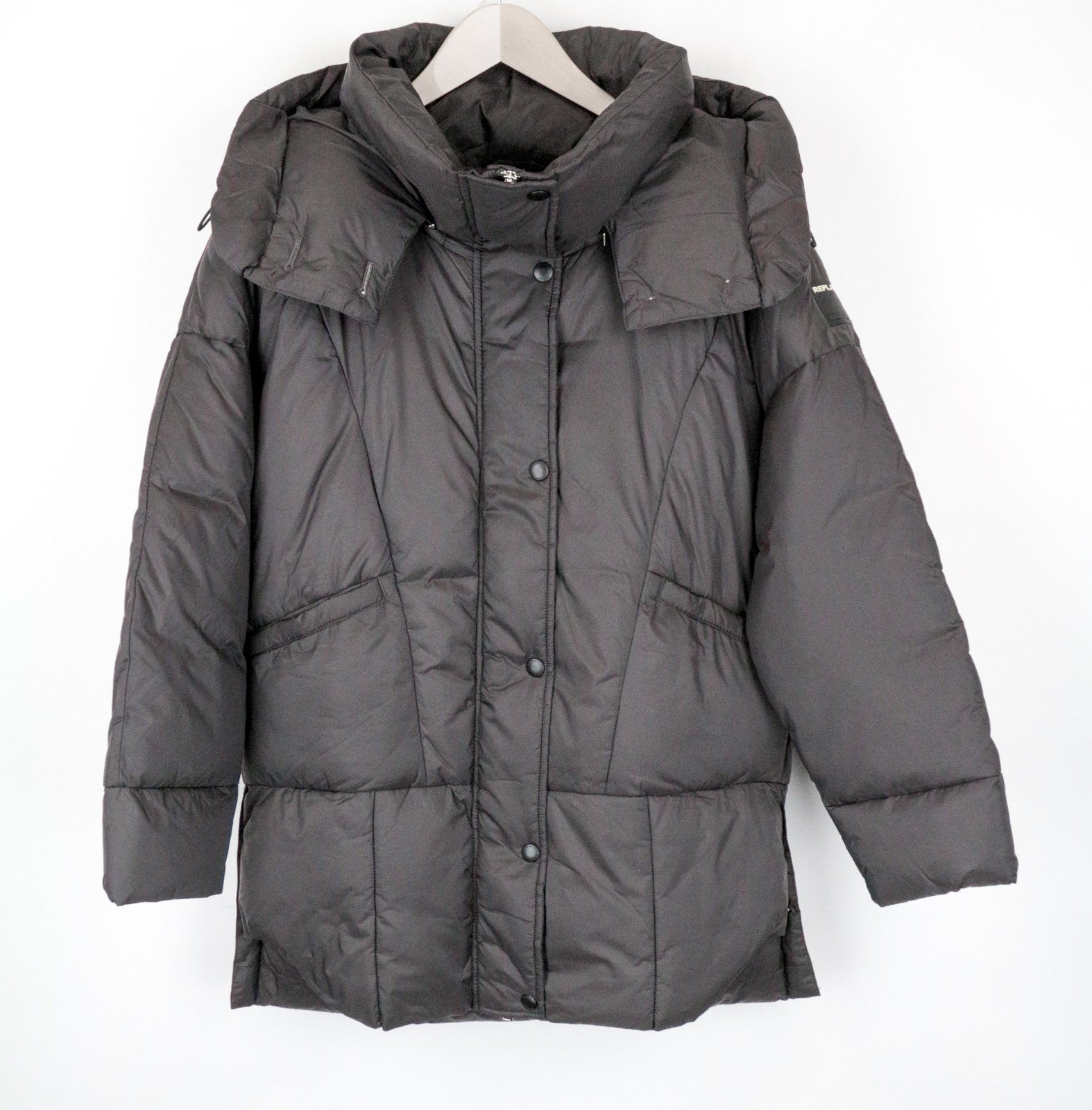 REPLAY moteriškas rudas vidutinio ilgio dygsniuotas pūkinis paltas su gobtuvu, didelis dydis 