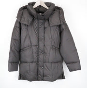 REPLAY moteriškas rudas vidutinio ilgio dygsniuotas pūkinis paltas su gobtuvu, didelis dydis 