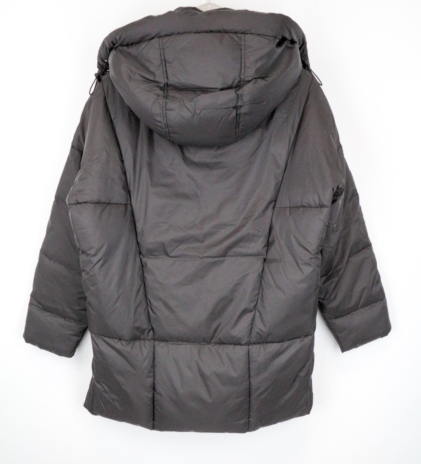 REPLAY moteriškas rudas vidutinio ilgio dygsniuotas pūkinis paltas su gobtuvu, didelis dydis 