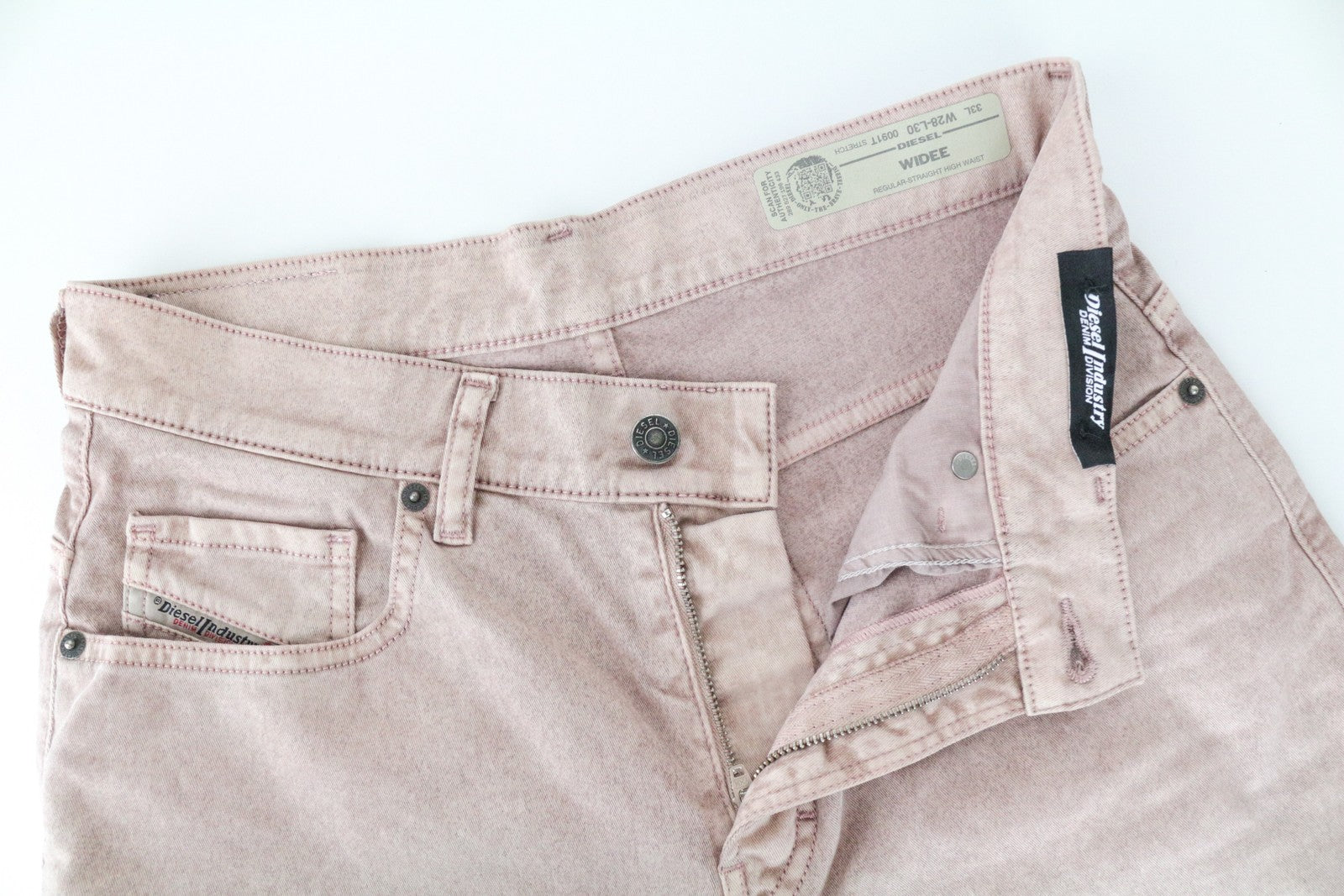 DIESEL Widee 0091T moteriški W28 L30 platėjantys džinsai rožiniai, tiesūs, tamprūs, įprasto dydžio 