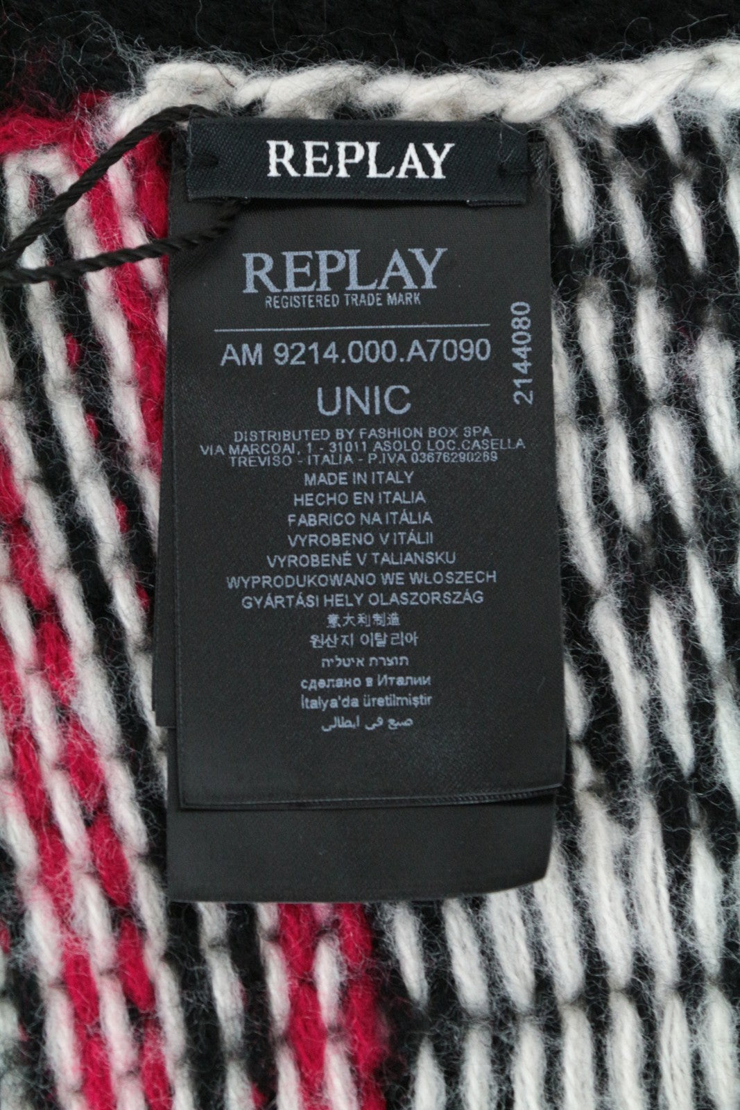 REPLAY moteriškas juodas raštuotas megztas šalikas su OS logotipu, unisex rudens/žiemos apranga 