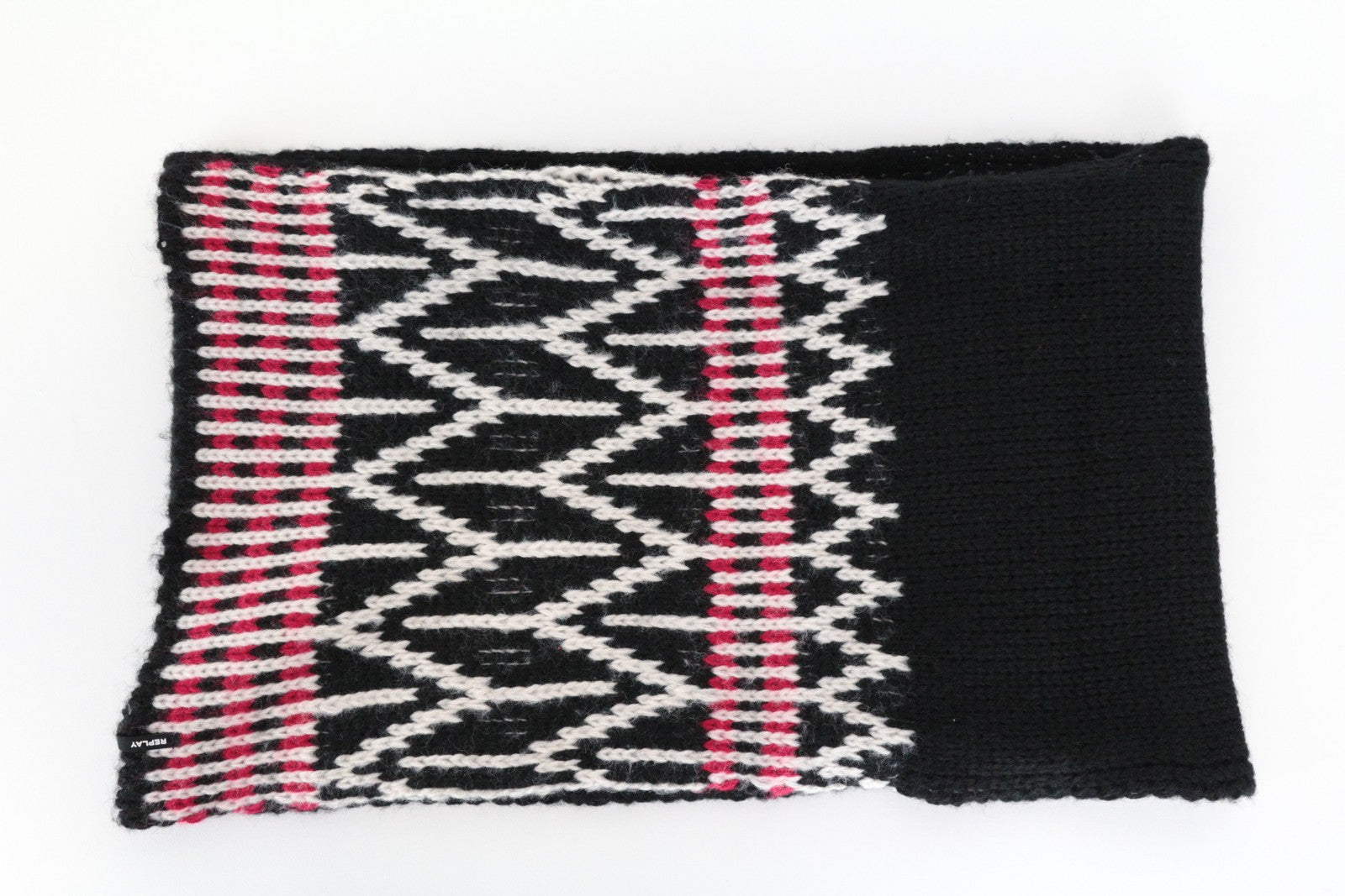 REPLAY moteriškas juodas raštuotas megztas šalikas su OS logotipu, unisex rudens/žiemos apranga 