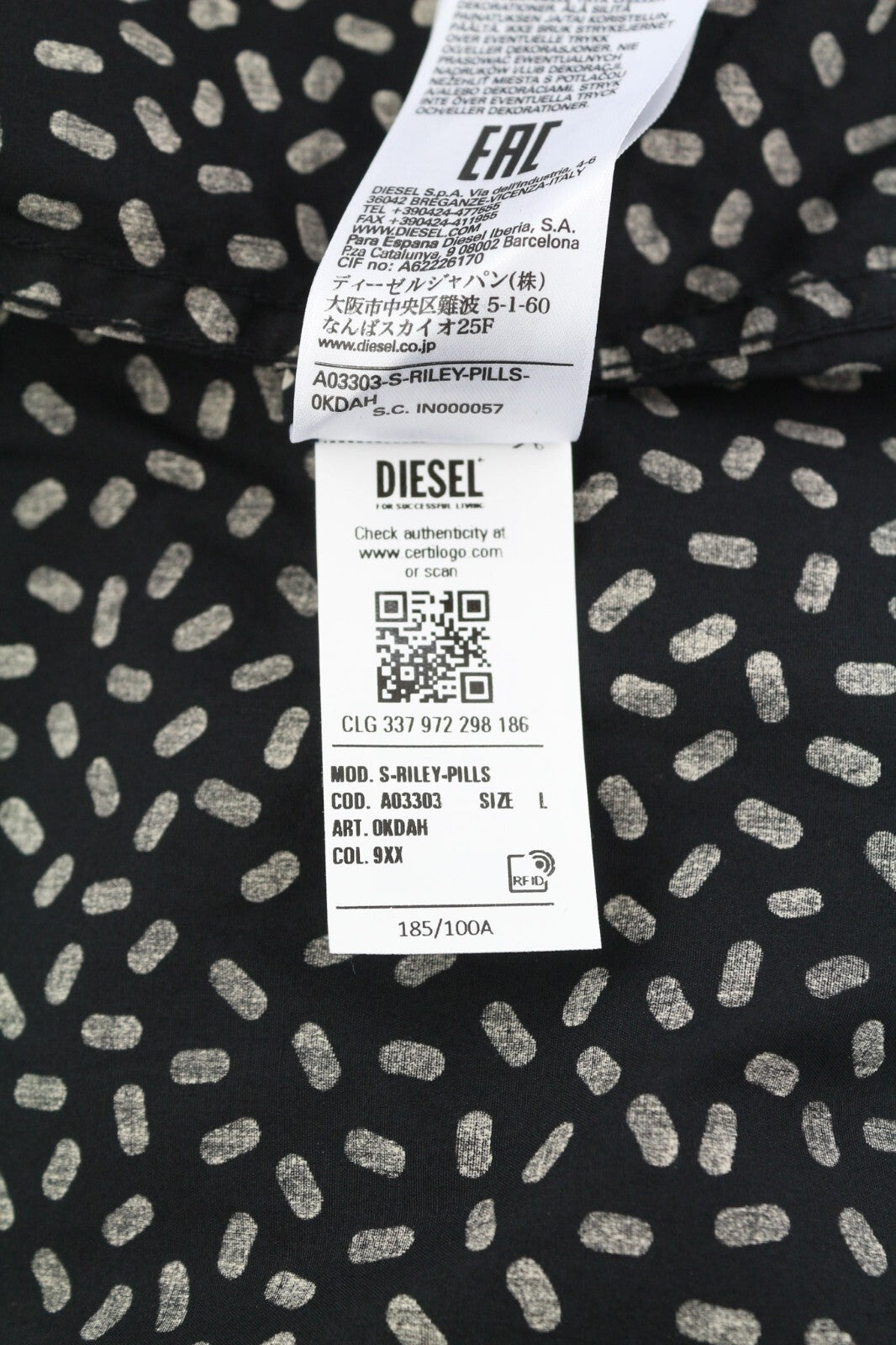 DIESEL S-Riley-Pills vyriški marškinėliai L raštuoti sagomis užsegami platėjančia kaklo iškirpte RRP110