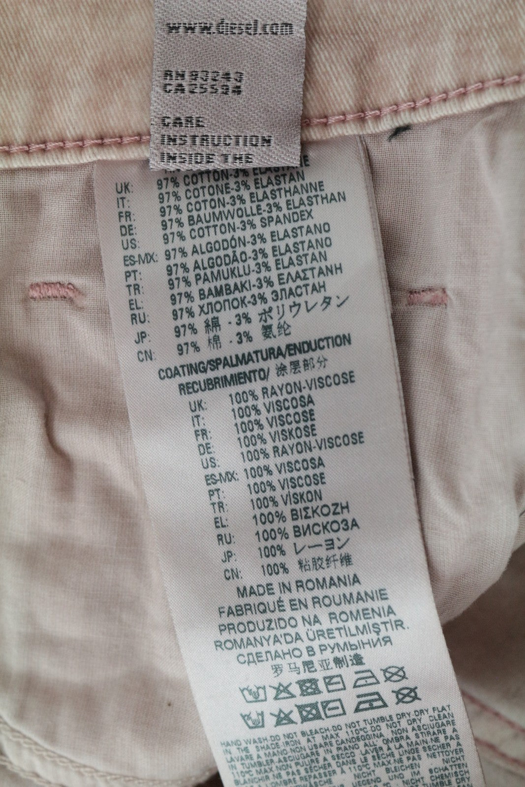 DIESEL Widee 0091T moteriški W25 L30 džinsai šviesiai rožiniai aksominiai platėjantys tamprūs džinsai 