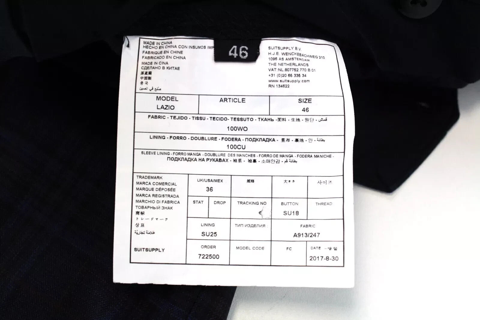 SUITSUPPLY Lazio Men's UK36 Wool Trousers Blue Plaid Lined Tailored Pants