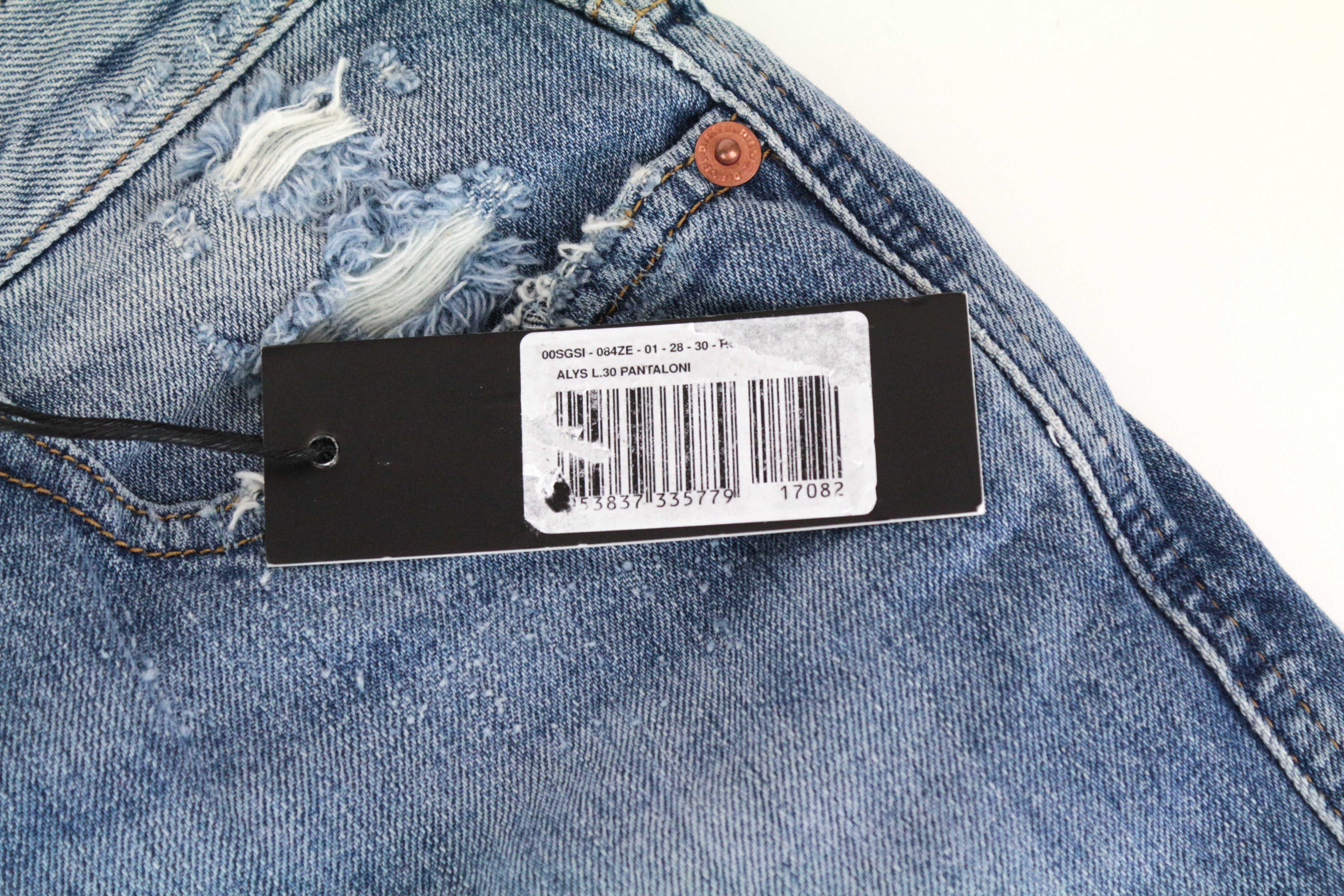 DIESEL Alys 084ZE moteriški džinsai W28 L30 plėšyti, skalbti mėlyni, tiesūs medvilniniai