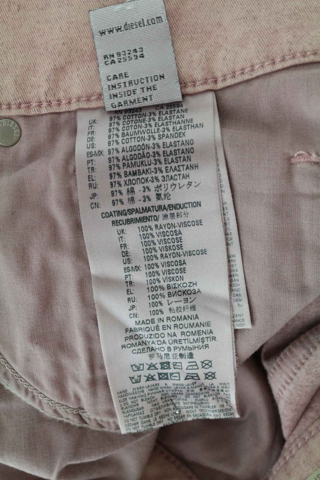 DIESEL Widee 0091T moteriški W27 L30 platėjantys rožiniai džinsai su tampriu kirpimu, tiesūs 