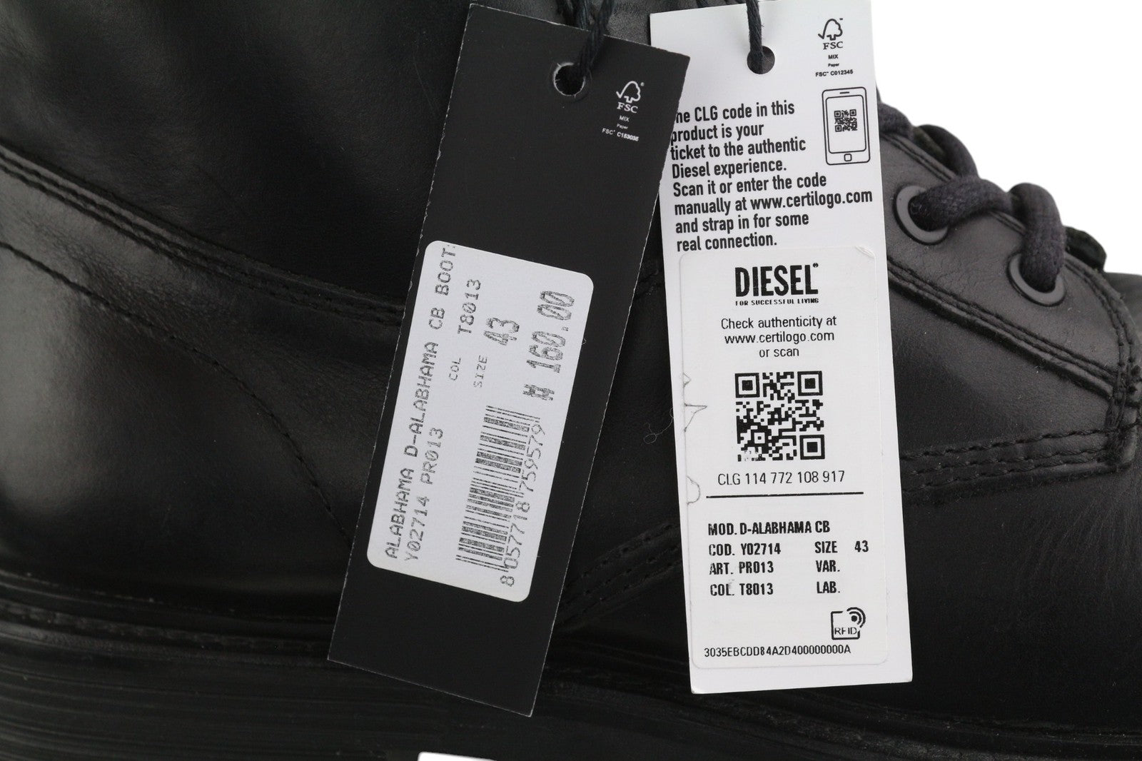 DIESEL D-Alabhama CB vyriški batai, juodi odiniai, vidutinio ūgio, 43 €, rekomenduojama kaina – 295 €, migdolų nosis. 