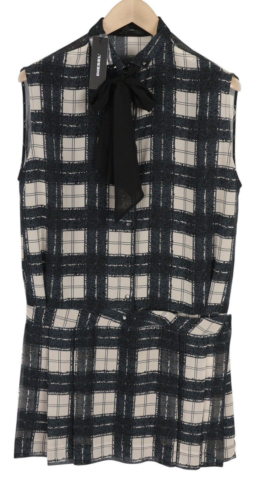 DIESEL D-Nedora moteriška suknelė L, juoda, be rankovių, raštuota, su sagomis ir logotipu, trumpa 