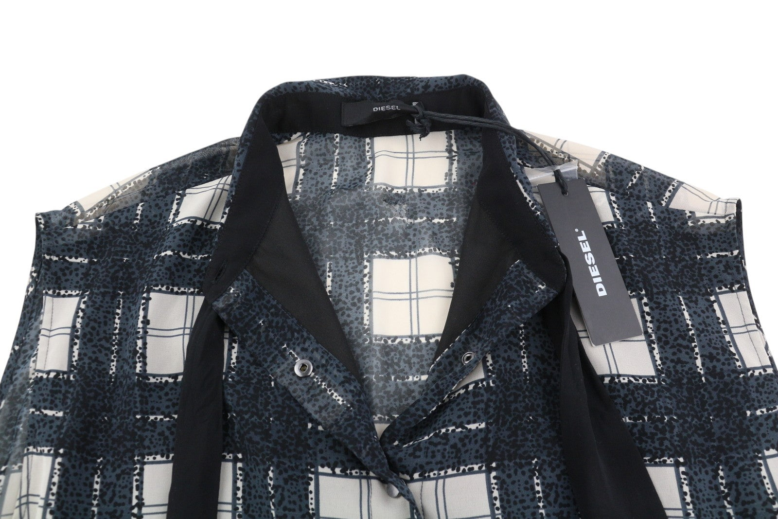 DIESEL D-Nedora moteriška suknelė L, juoda, be rankovių, raštuota, su sagomis ir logotipu, trumpa 