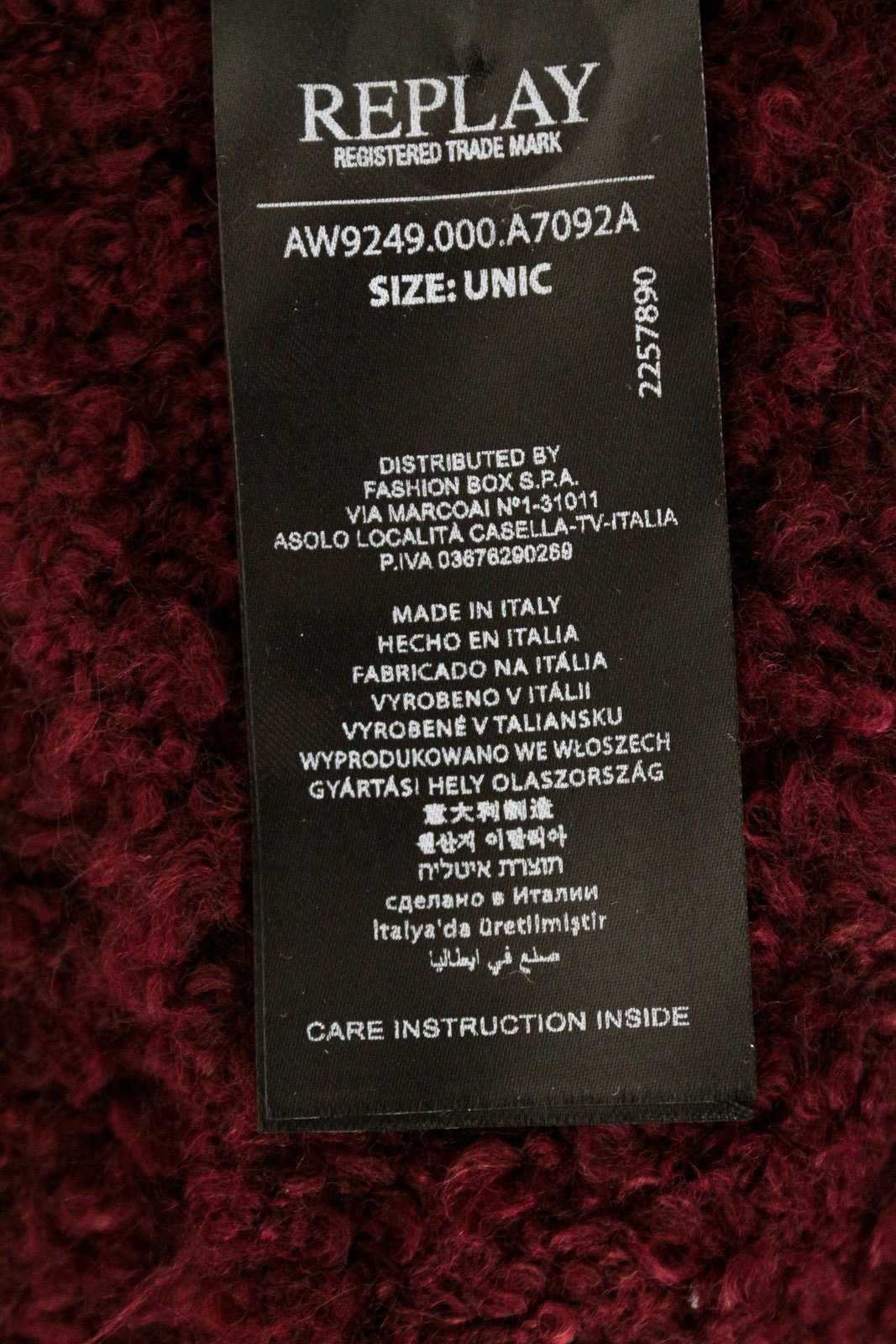 REPLAY moteriškas OS šalikas burgundiško vyno spalvos vilnos mišinio megztas rudens/žiemos unisex 