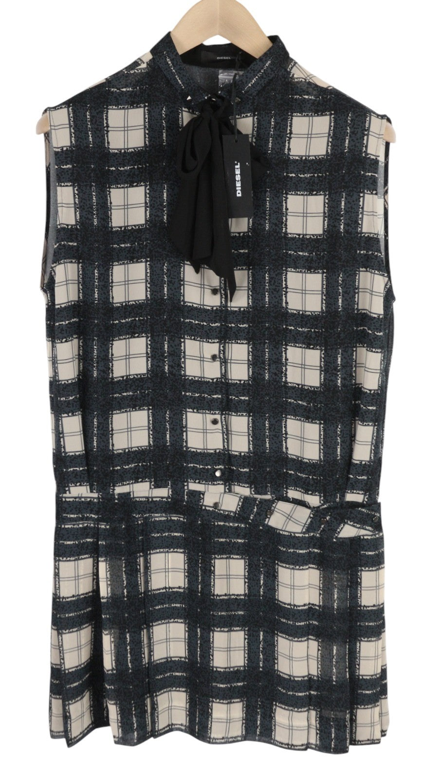 DIESEL D-Nedora moteriška suknelė L juoda be rankovių su raštuotomis sagomis ir logotipu 