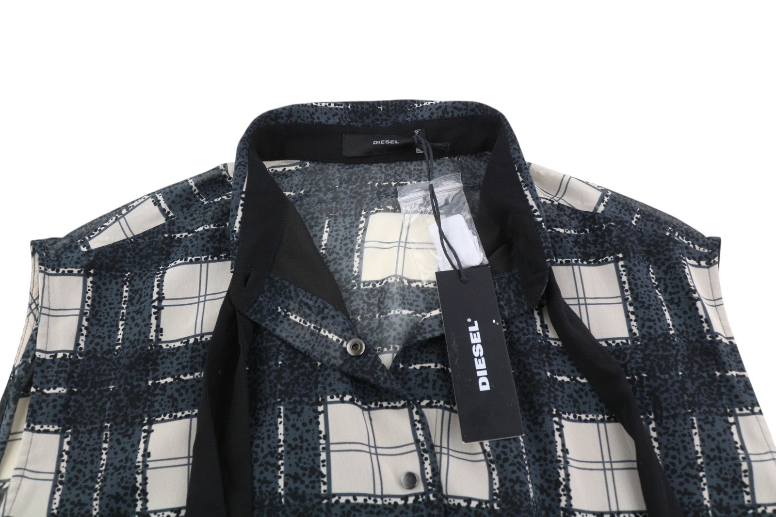 DIESEL D-Nedora moteriška suknelė L juoda be rankovių su raštuotomis sagomis ir logotipu 