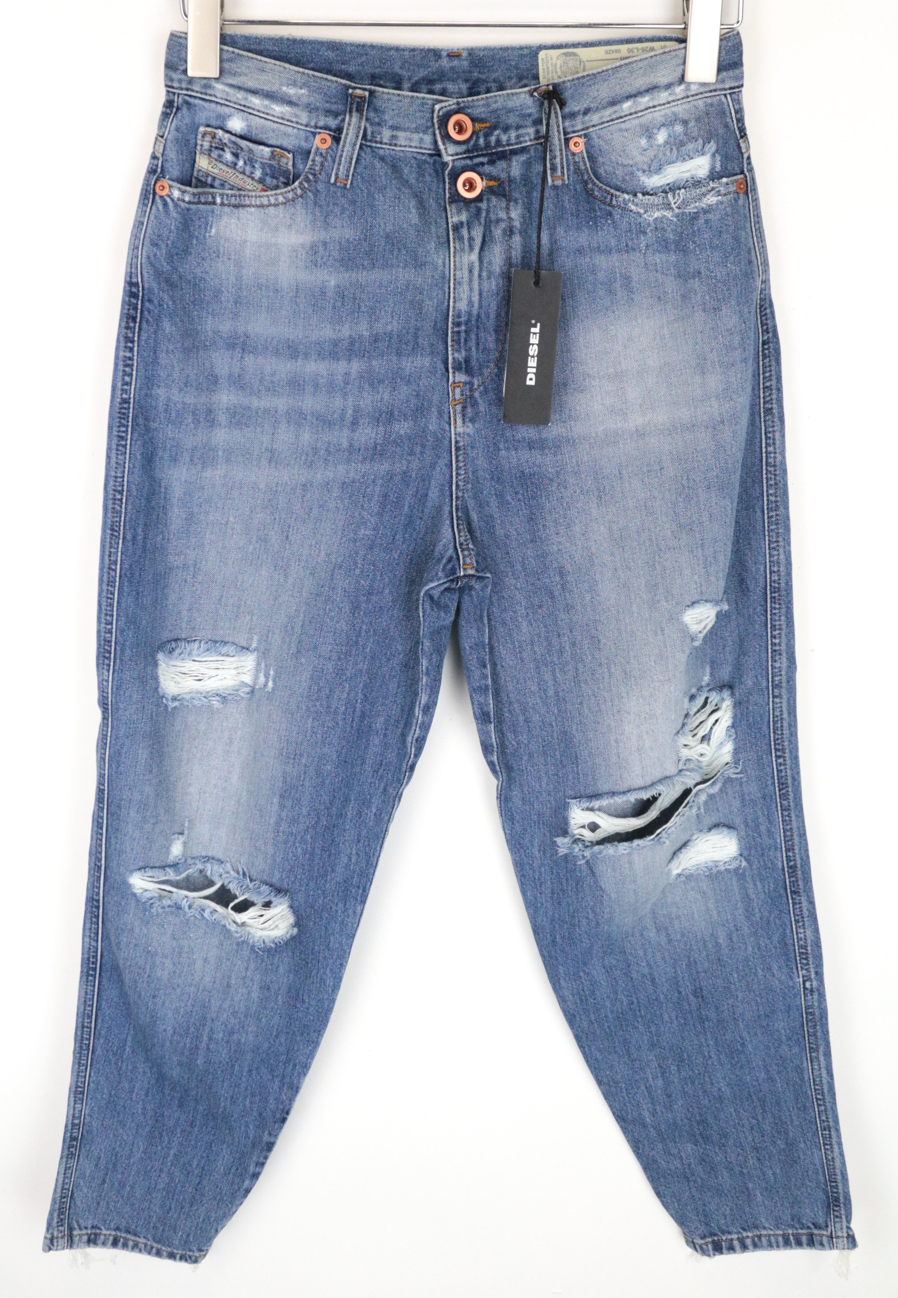 DIESEL Alys 084ZE Women's W26 L30 Jeans Straight Fit Ripped Cotton Blue Wash