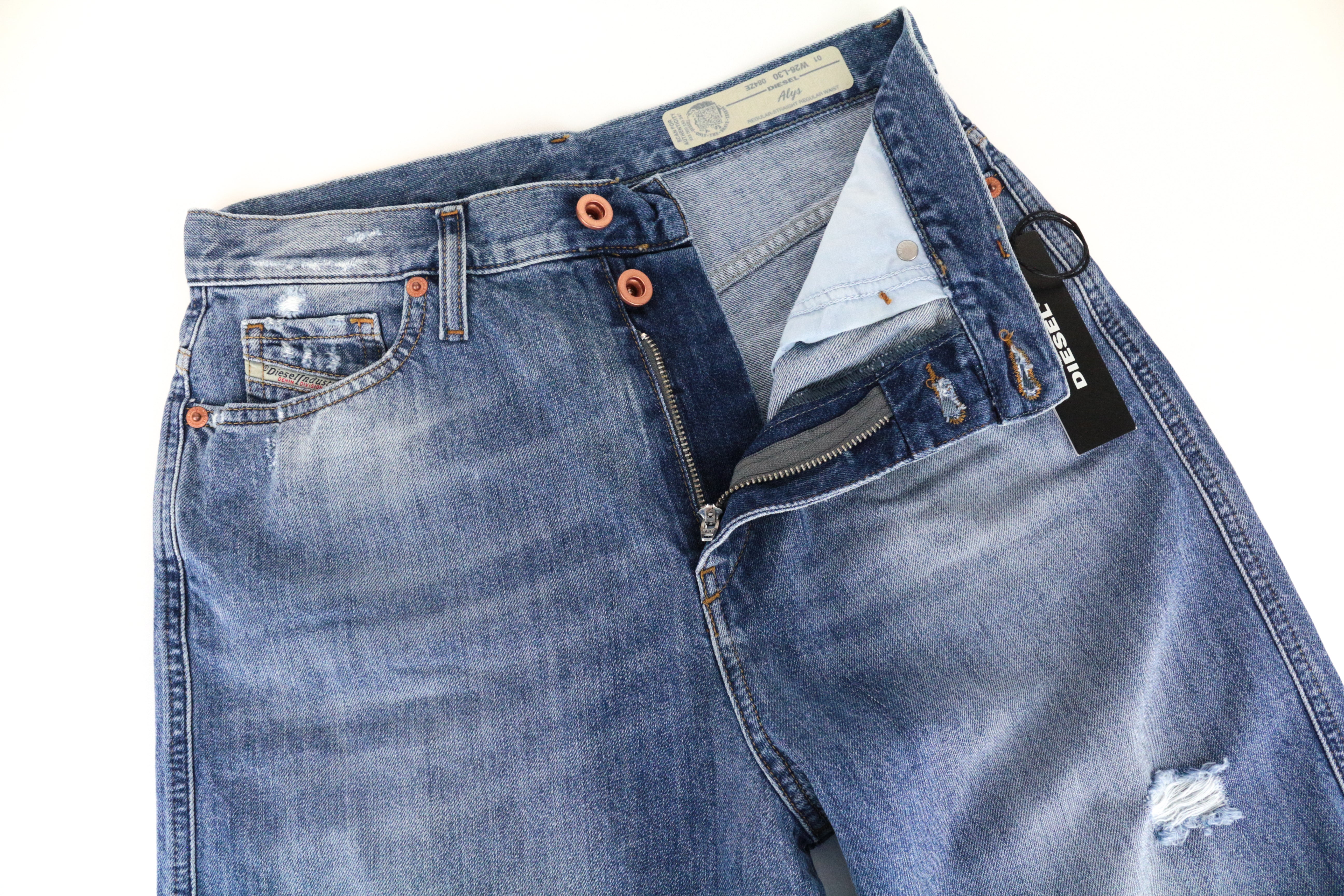 DIESEL Alys 084ZE Women's W26 L30 Jeans Straight Fit Ripped Cotton Blue Wash