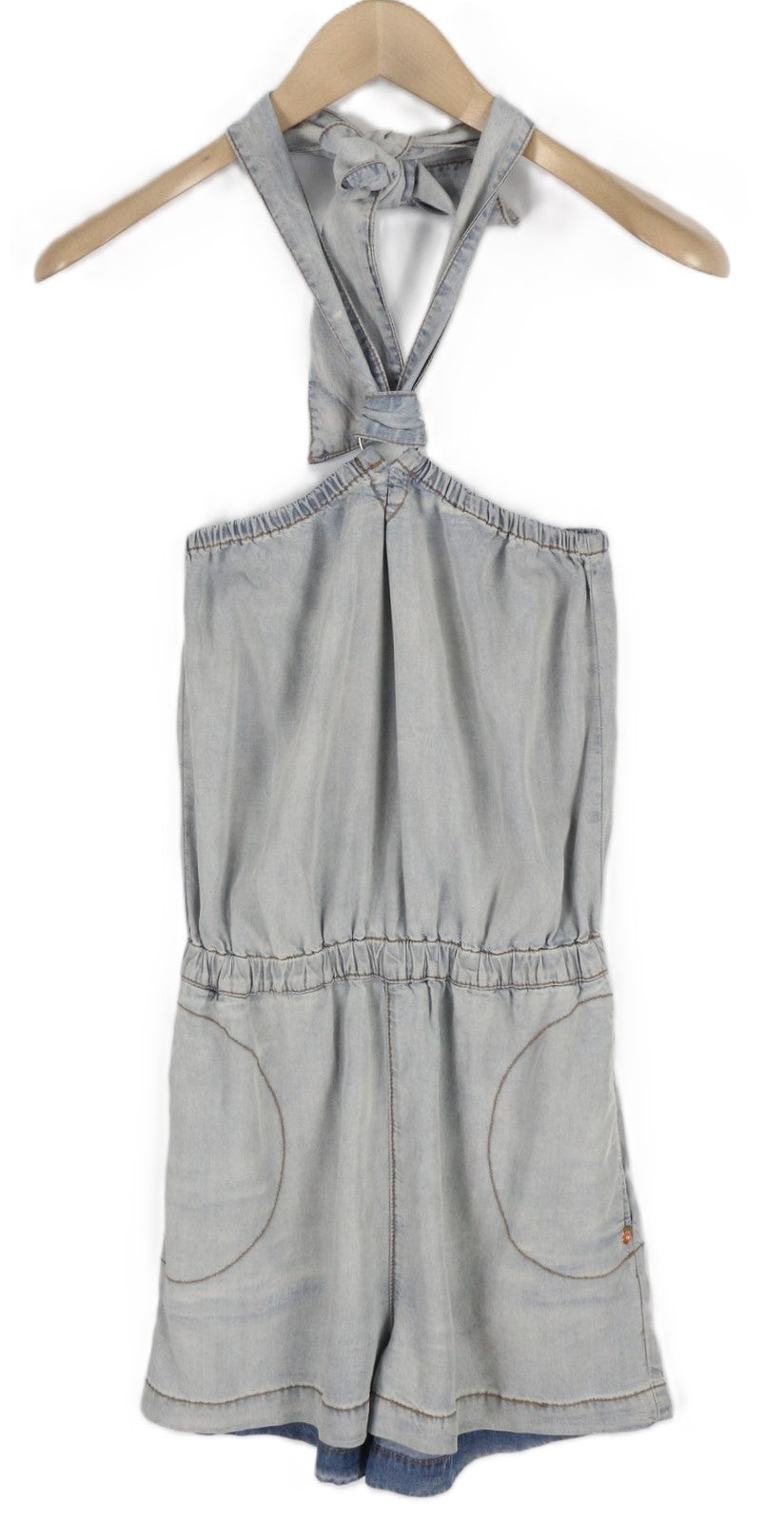 DIESEL De-Shanny moteriškas romperis 2XS, skalbtos mėlynos spalvos, džinso imitacijos, su elastinėmis juosmens kišenėmis. 