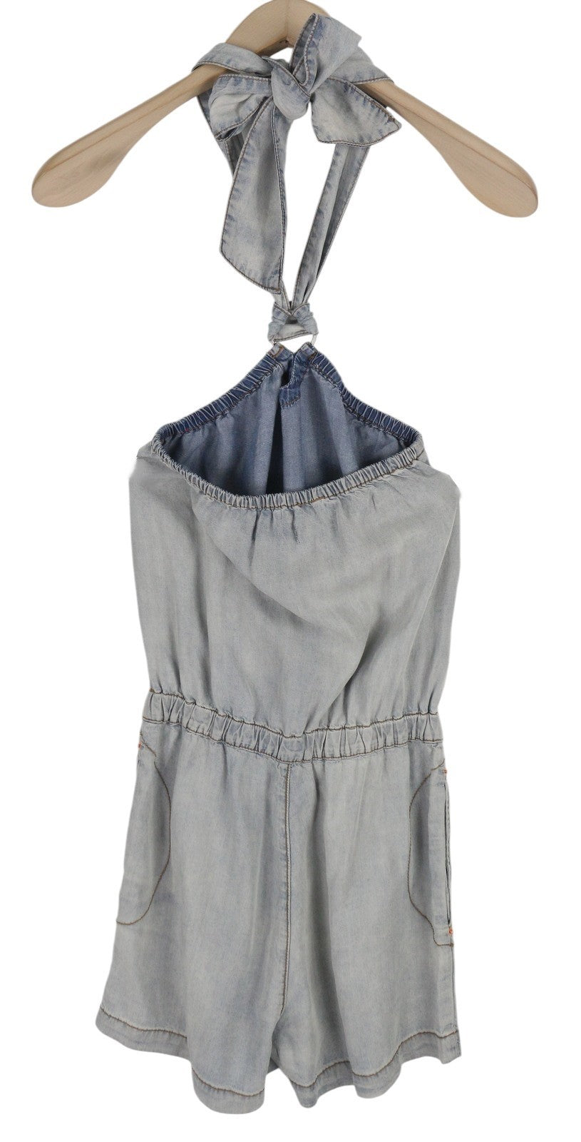 DIESEL De-Shanny moteriškas romperis 2XS, skalbtos mėlynos spalvos, džinso imitacijos, su elastinėmis juosmens kišenėmis. 