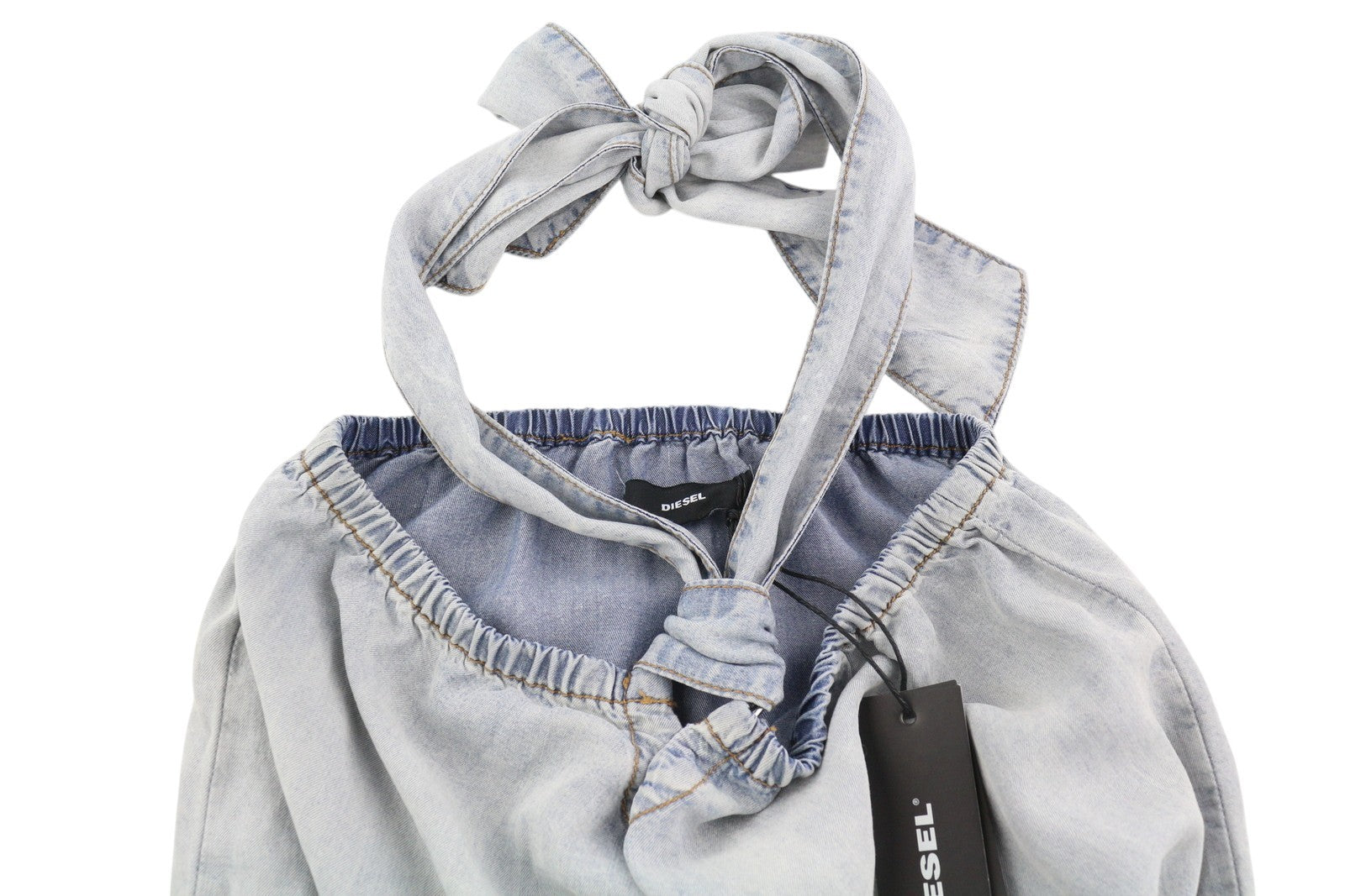 DIESEL De-Shanny moteriškas romperis 2XS, skalbtos mėlynos spalvos, džinso imitacijos, su elastinėmis juosmens kišenėmis. 