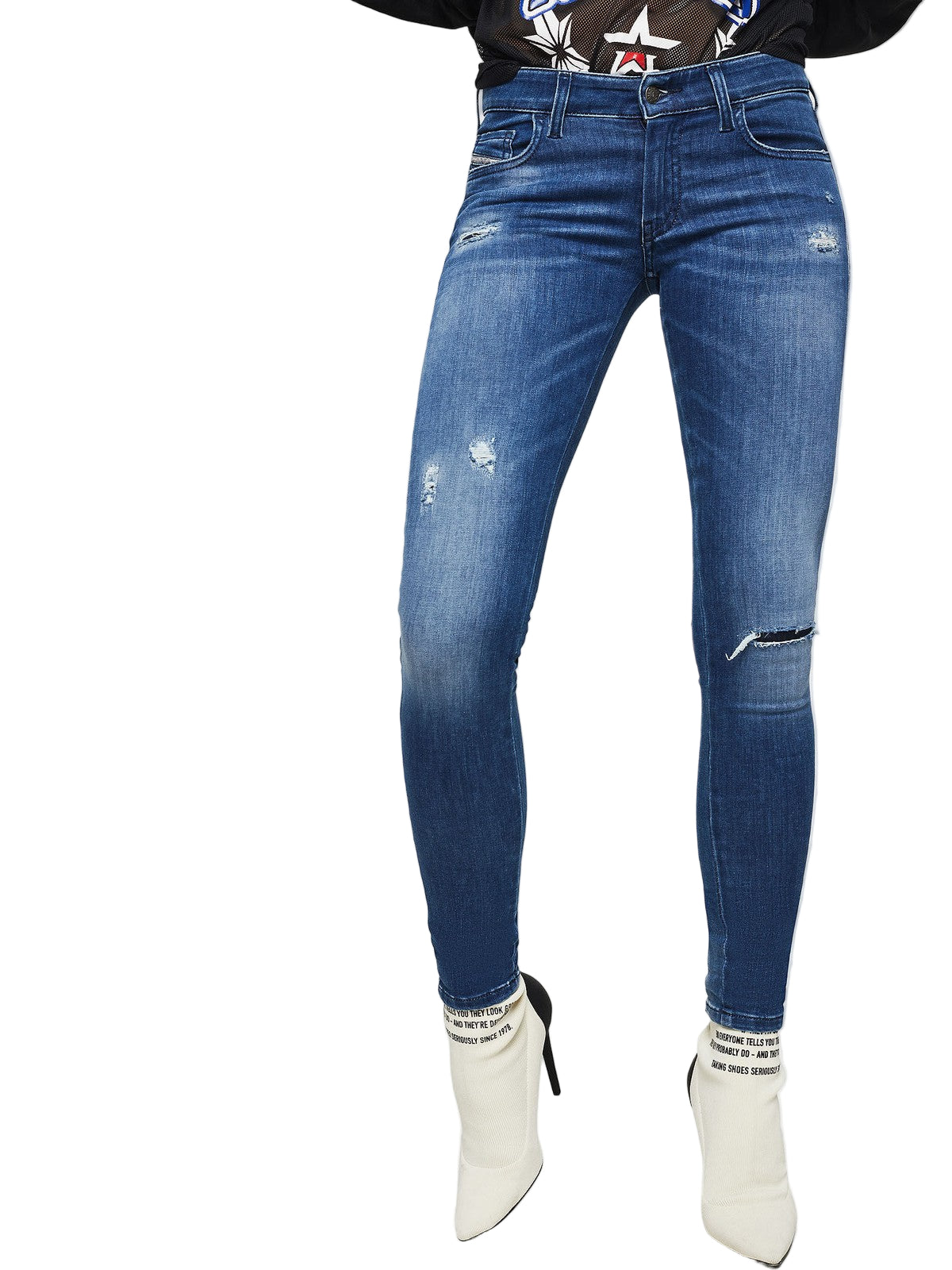 DIESEL Slandy 089AI moteriški džinsai W32/L32 itin aptempti, plėšyti, tamprūs, mėlyni 