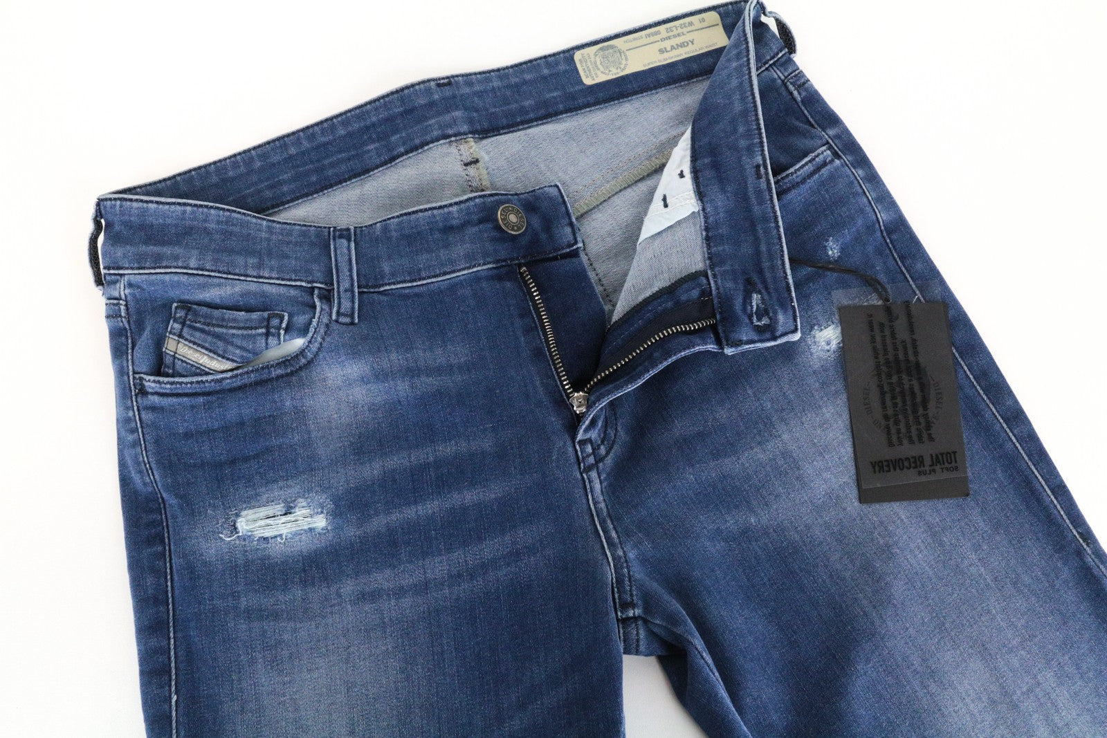 DIESEL Slandy 089AI moteriški džinsai W32/L32 itin aptempti, plėšyti, tamprūs, mėlyni 