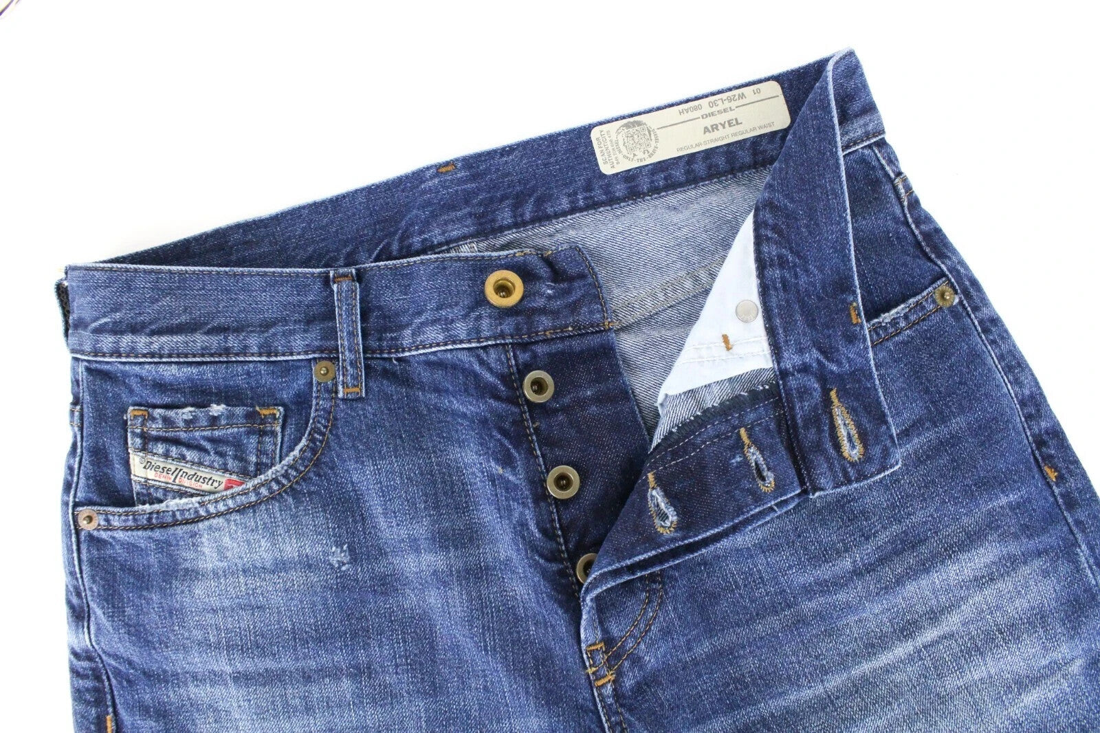 DIESEL Aryel 080AH moteriški džinsai W26/L30 tiesūs, dirbtinai subraižyti, mėlyni, netamprūs 