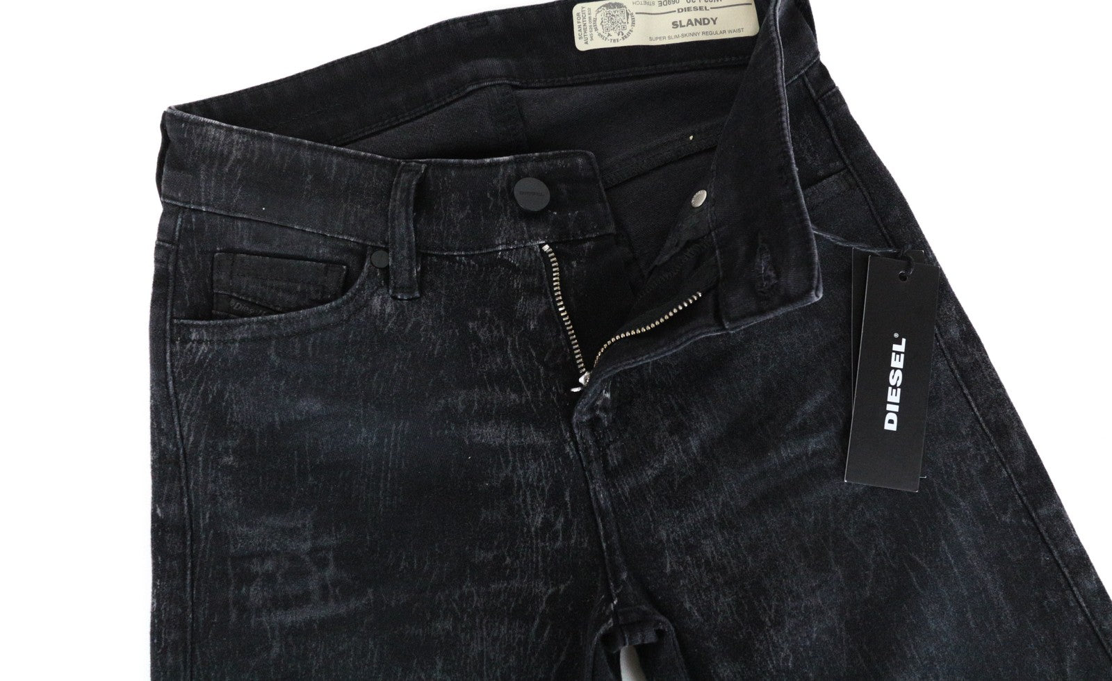 DIESEL Slandy 069DE moteriški džinsai W26/L30 itin aptempti, juodi, tamprūs medvilniniai džinsai 