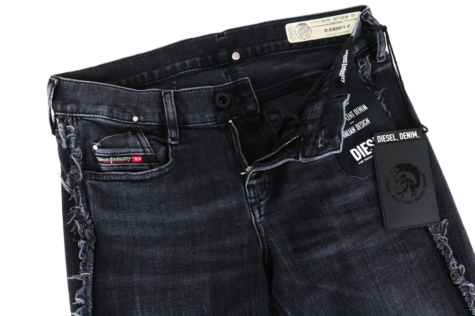 DIESEL D-Ebbey-F 081AH moteriški džinsai W26/L32 su laisvu kirpimu, tampria medvilnine juostele ir pilkais plyšiais.