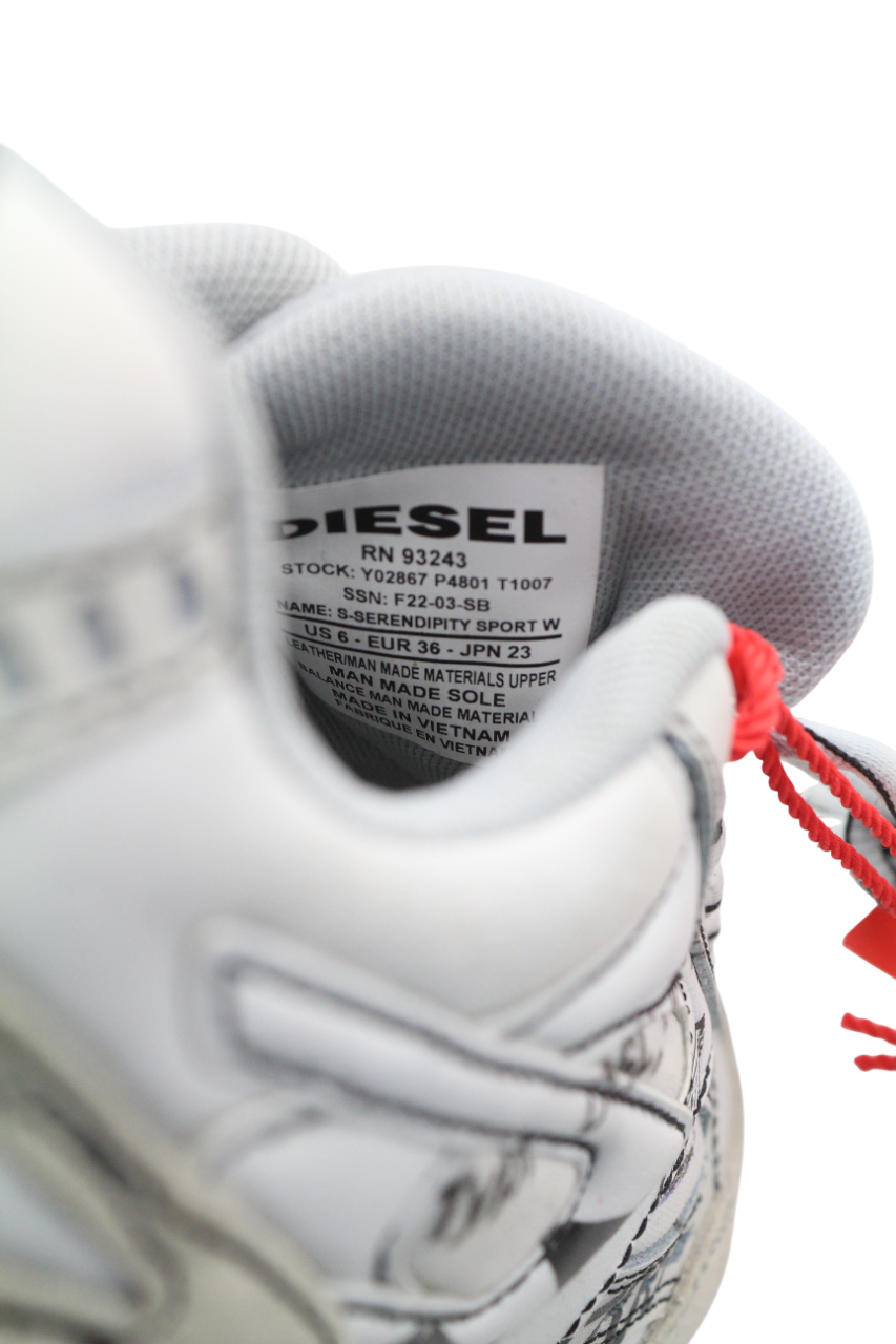 DIESEL S-Serendipity Sport moteriški sportbačiai, EU36, balti, žemi, suvarstomi, rekomenduojama kaina – 225 € 