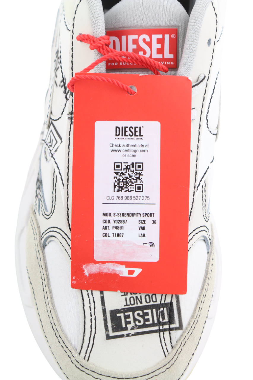 DIESEL S-Serendipity Sport moteriški sportbačiai, EU36, balti, žemi, suvarstomi, rekomenduojama kaina – 225 € 