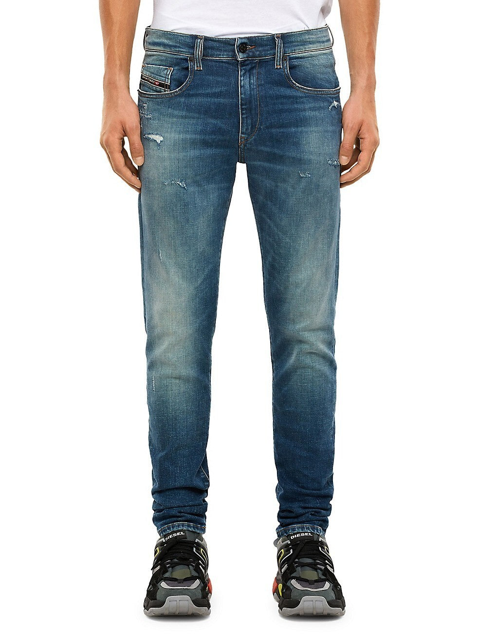 DIESEL D-Strukt 009IT vyriški džinsai W32/L32 Slim Stretch su užtrauktuku, skalbtos mėlynos spalvos 