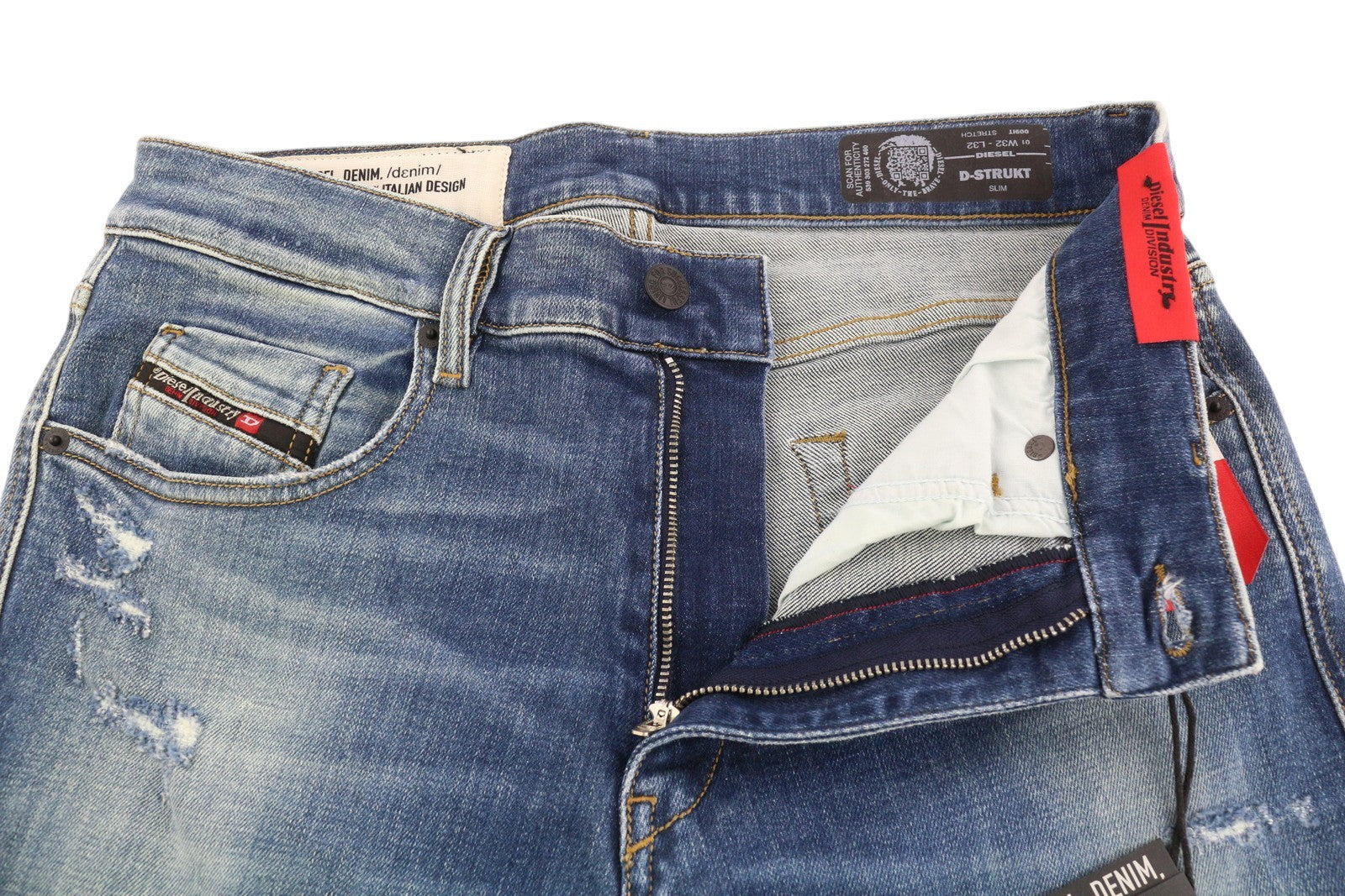 DIESEL D-Strukt 009IT vyriški džinsai W32/L32 Slim Stretch su užtrauktuku, skalbtos mėlynos spalvos 