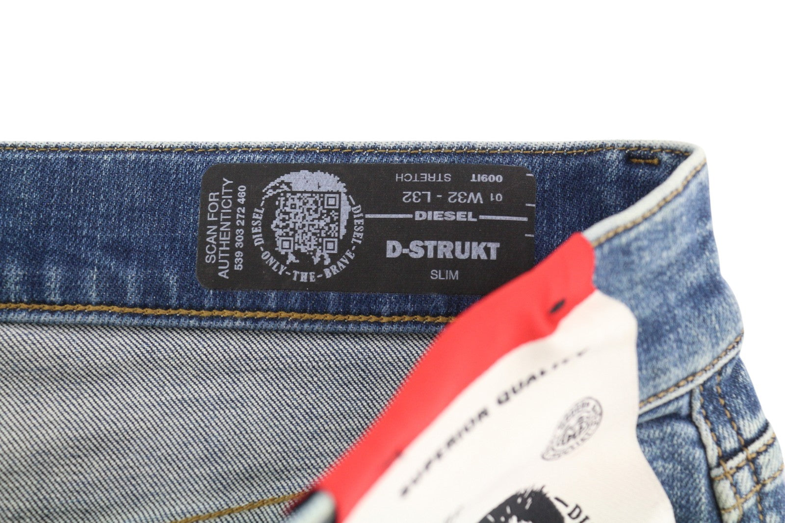 DIESEL D-Strukt 009IT vyriški džinsai W32/L32 Slim Stretch su užtrauktuku, skalbtos mėlynos spalvos 