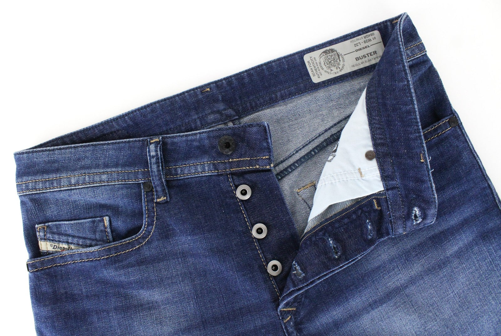 DIESEL Buster 084GR vyriški džinsai W29/L32 Slim Tapered Fit su sagomis ir mėlynais tampriais dryžiais 