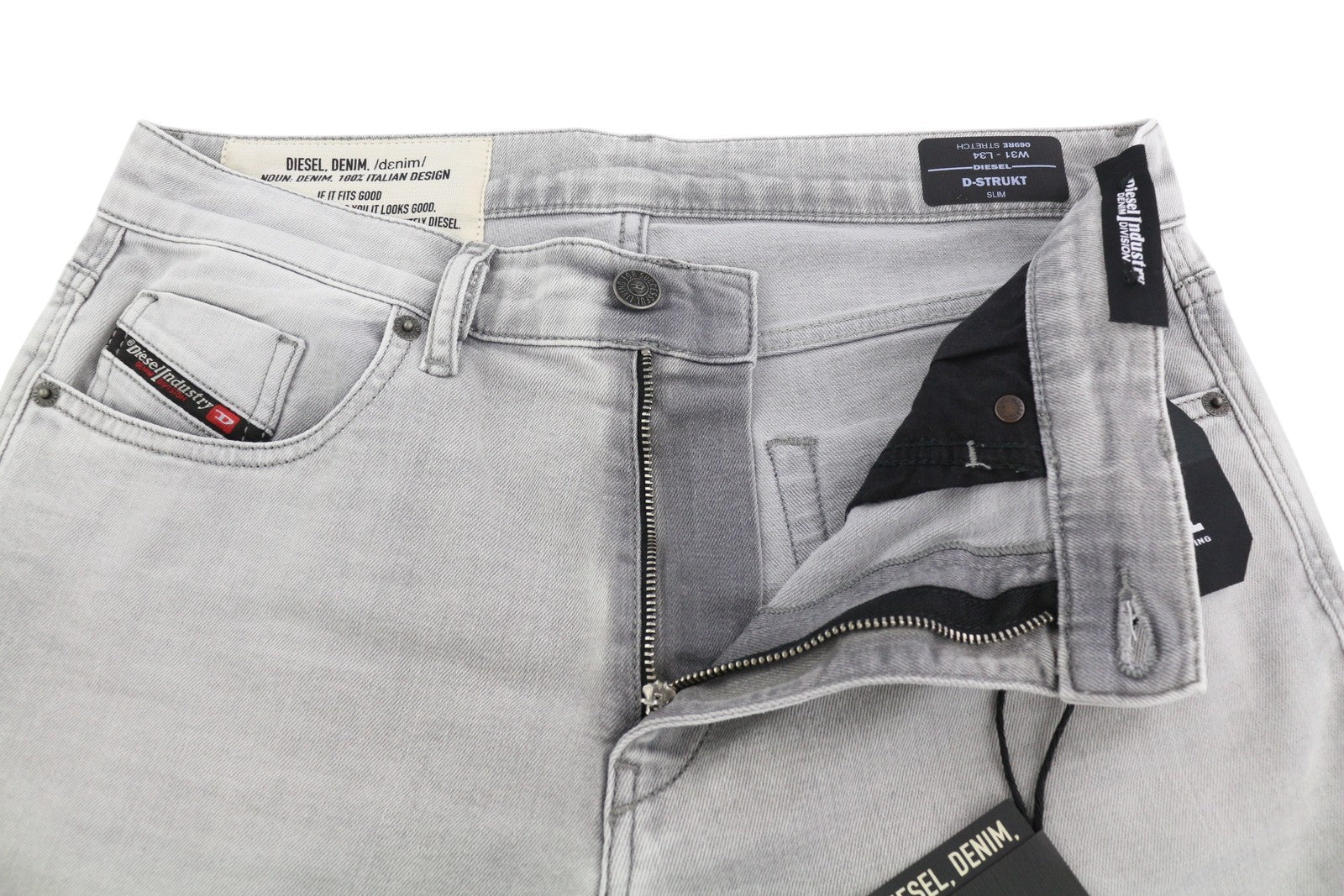 DIESEL D-Strukt 069RE vyriški džinsai W31/L34, ploni, tamprūs užtrauktukai, pilki, RRP 180 € 