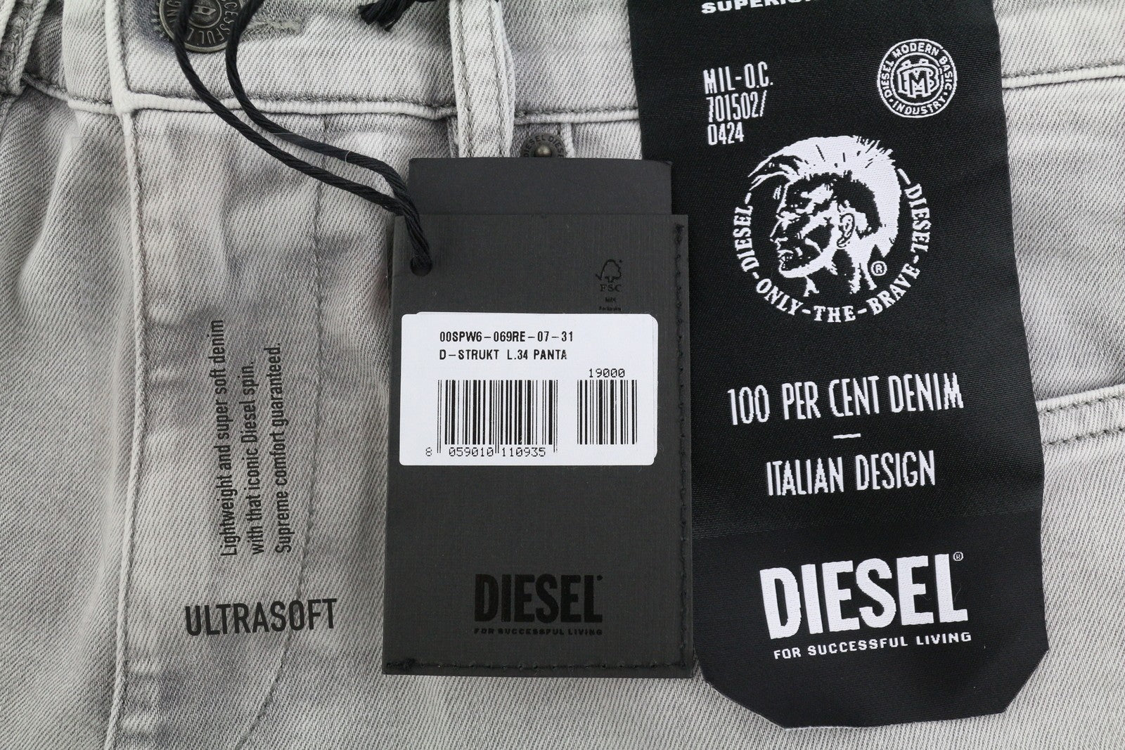 DIESEL D-Strukt 069RE vyriški džinsai W31/L34, ploni, tamprūs užtrauktukai, pilki, RRP 180 € 