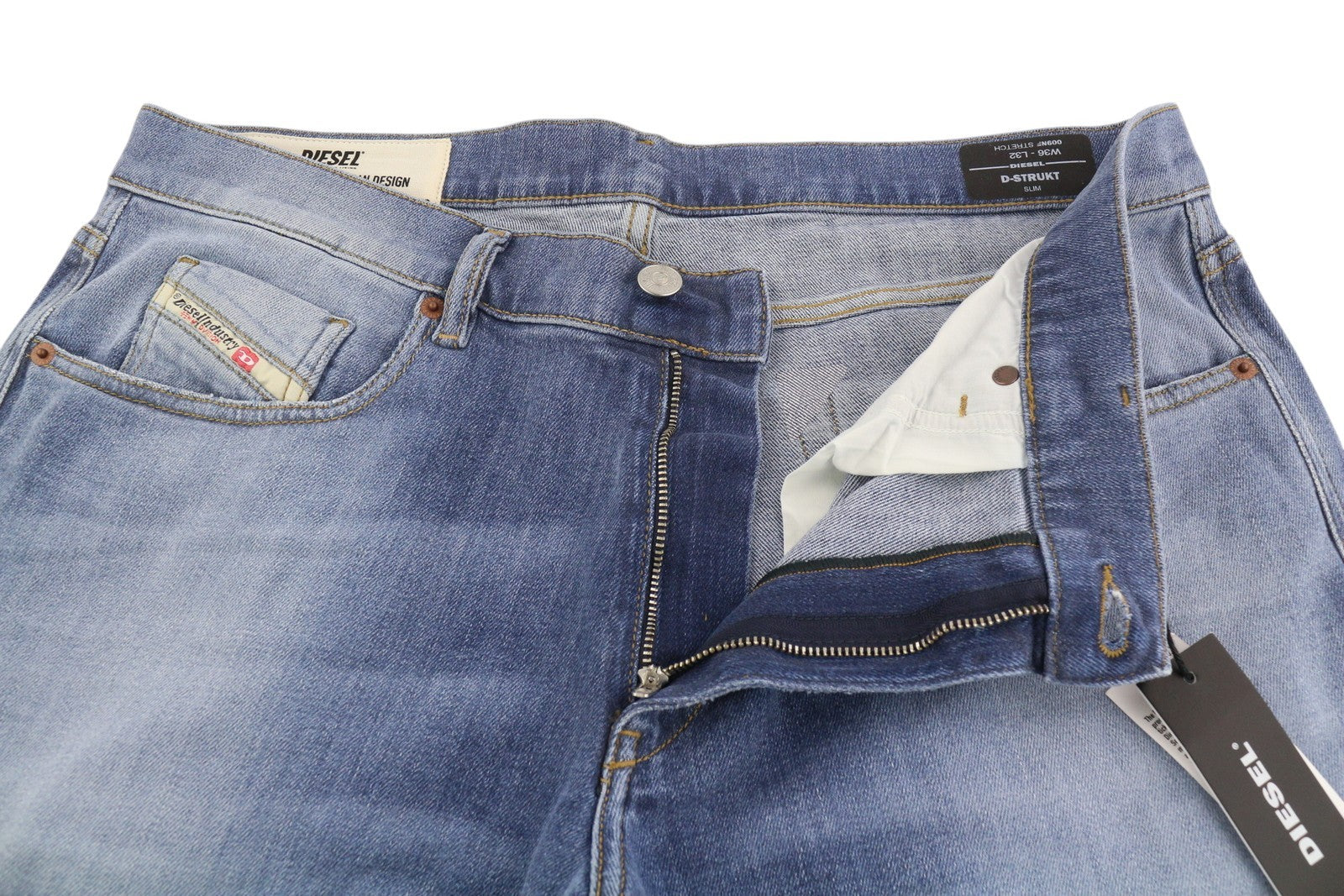 DIESEL D-Strukt 009NF vyriški džinsai W36/L32 Slim Stretch su užtrauktuku, skalbtos mėlynos spalvos 