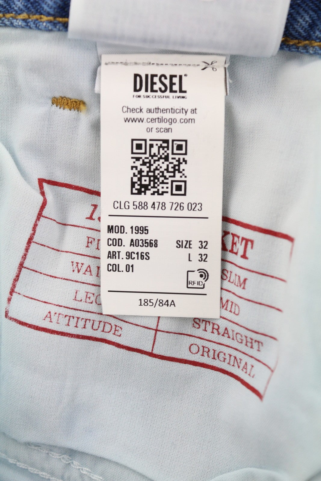 DIESEL 1995 9C16S vyriški džinsai W32/L32 ploni tiesūs klešniai, vidutinio juosmens, skalbtos mėlynos spalvos 