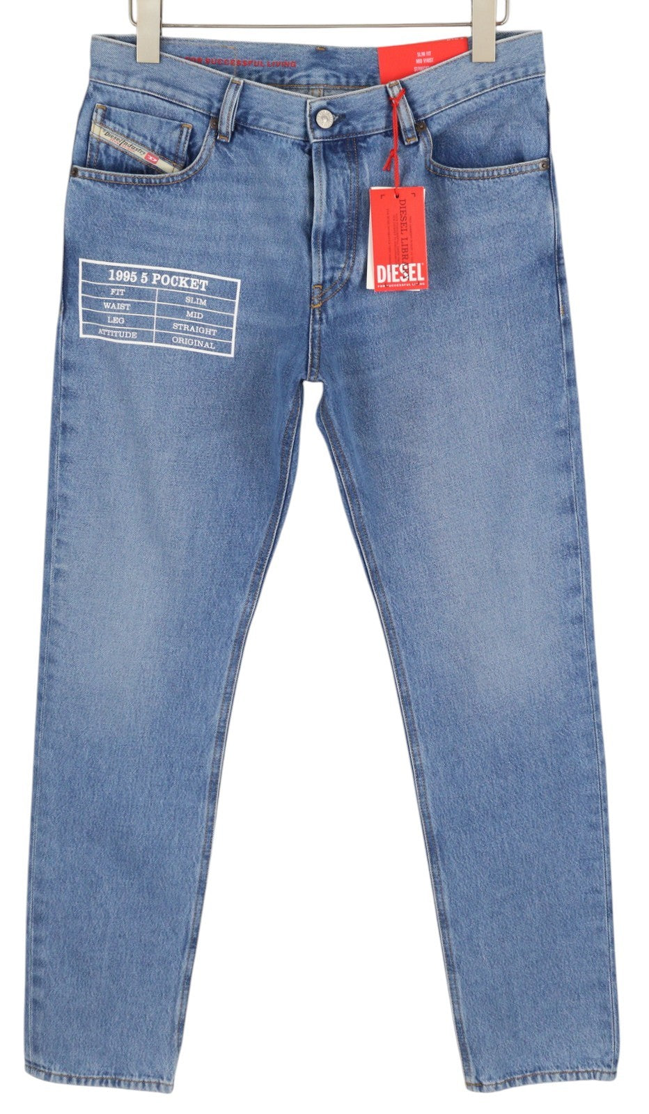 DIESEL 1995 9C16S vyriški džinsai W32/L32 ploni tiesūs klešniai, vidutinio juosmens, skalbtos mėlynos spalvos 