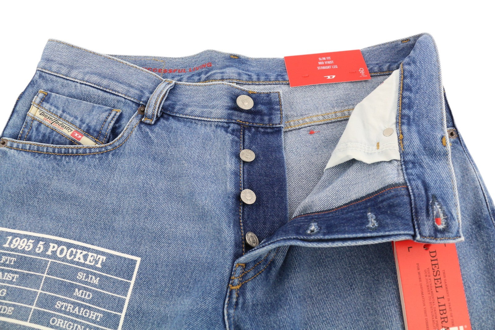 DIESEL 1995 9C16S vyriški džinsai W32/L32 ploni tiesūs klešniai, vidutinio juosmens, skalbtos mėlynos spalvos 