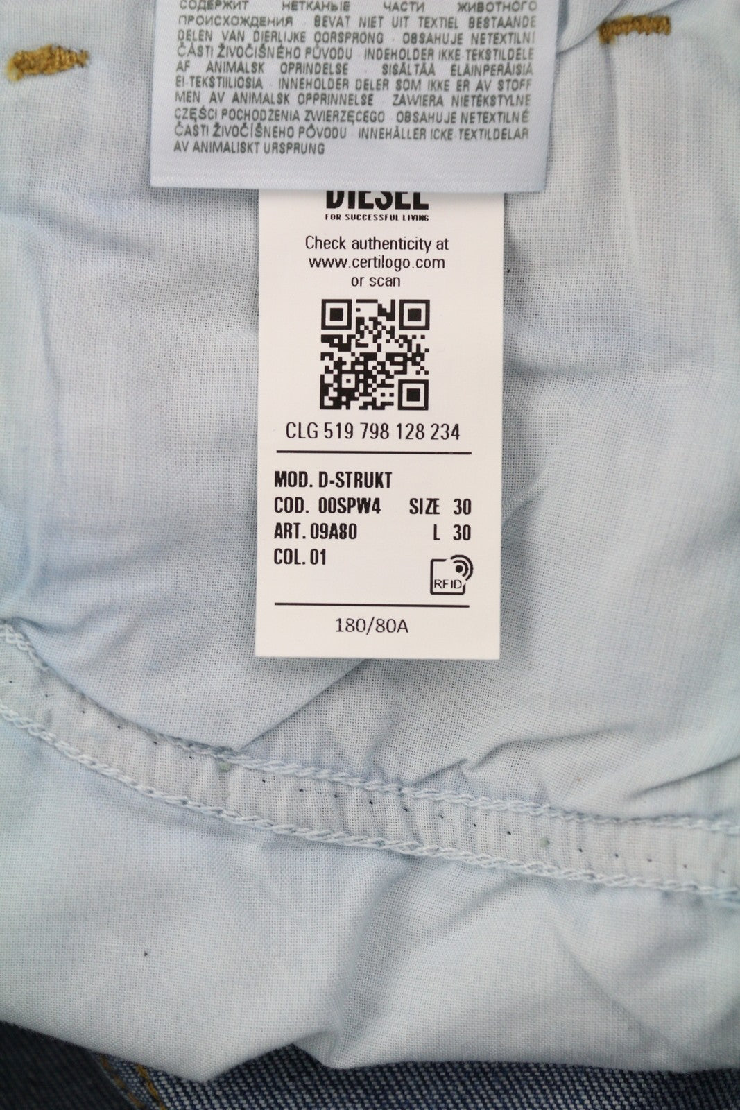 DIESEL D-Strukt 09A80 vyriški džinsai W30/L30 Slim Stretch su užtrauktuku, skalbtos mėlynos spalvos 