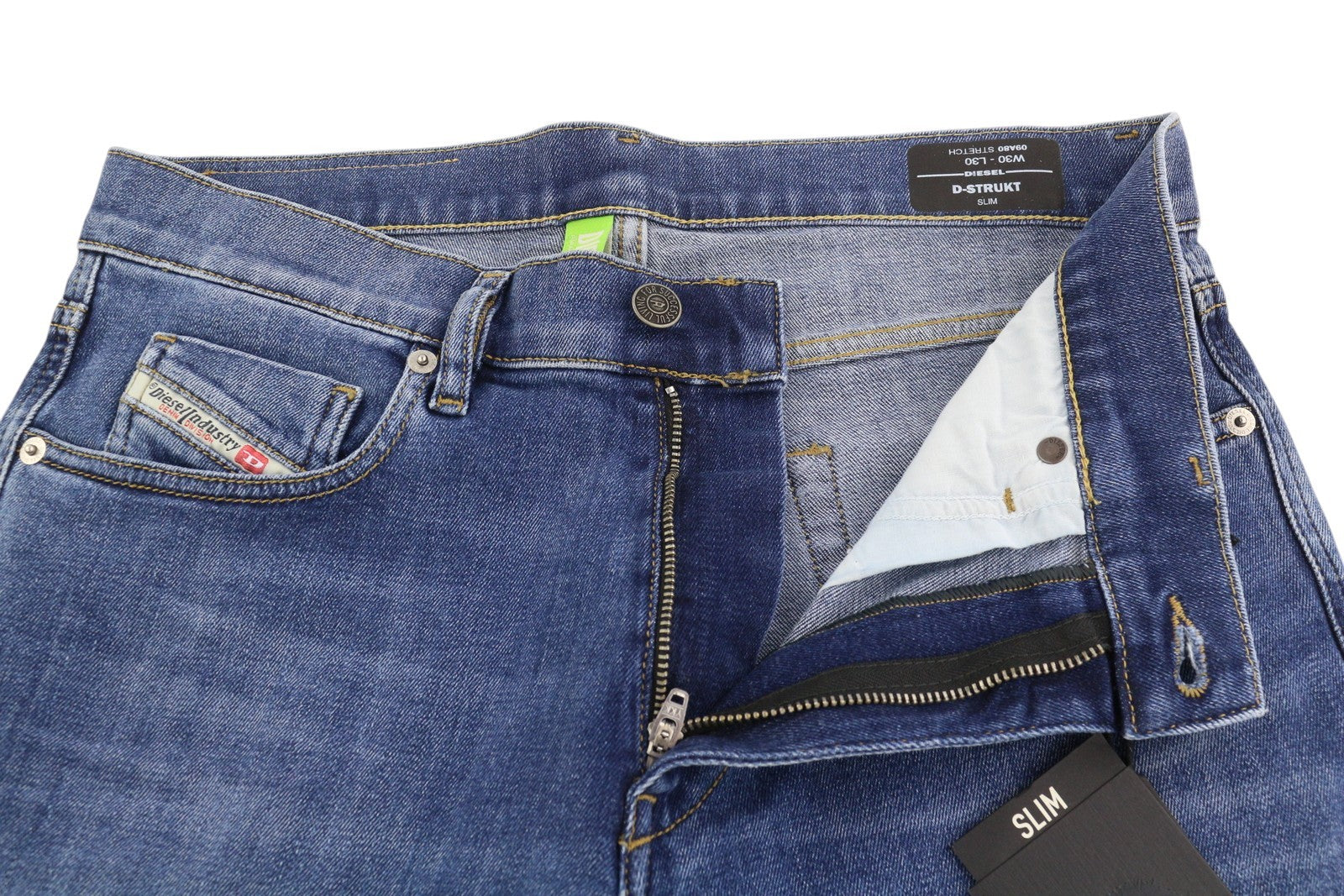 DIESEL D-Strukt 09A80 vyriški džinsai W30/L30 Slim Stretch su užtrauktuku, skalbtos mėlynos spalvos 