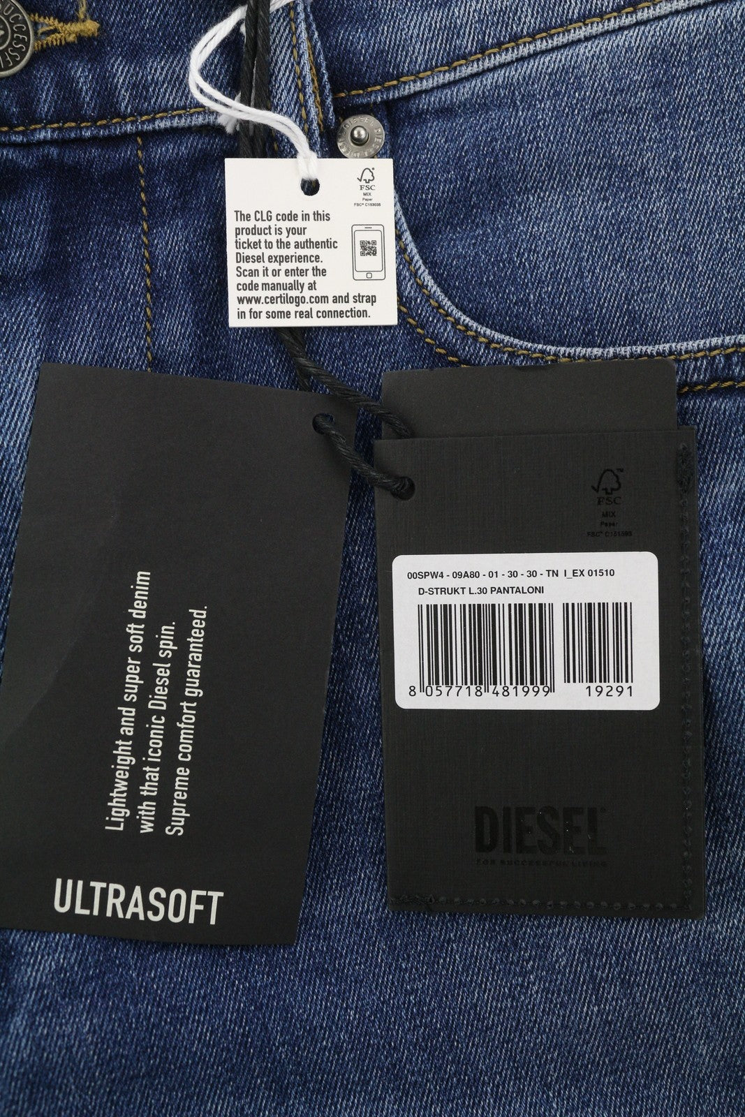 DIESEL D-Strukt 09A80 vyriški džinsai W30/L30 Slim Stretch su užtrauktuku, skalbtos mėlynos spalvos 