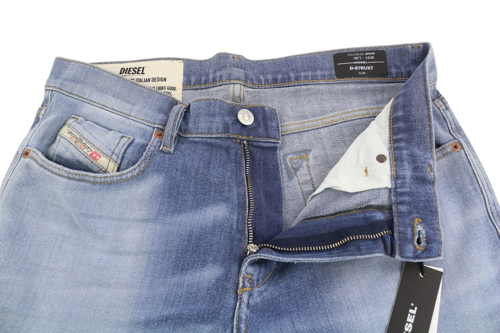 DIESEL D-Strukt 009NF vyriški džinsai W31/L30 Slim Stretch su užtrauktuku, skalbtos mėlynos spalvos 