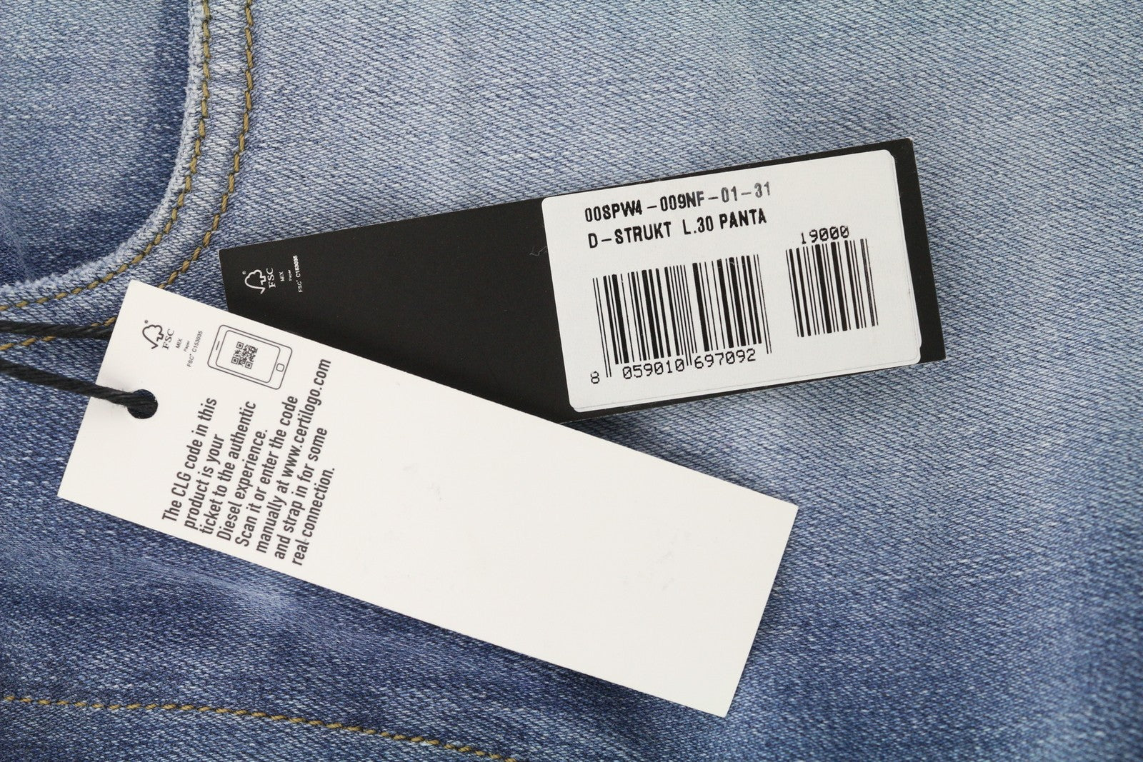 DIESEL D-Strukt 009NF vyriški džinsai W31/L30 Slim Stretch su užtrauktuku, skalbtos mėlynos spalvos 