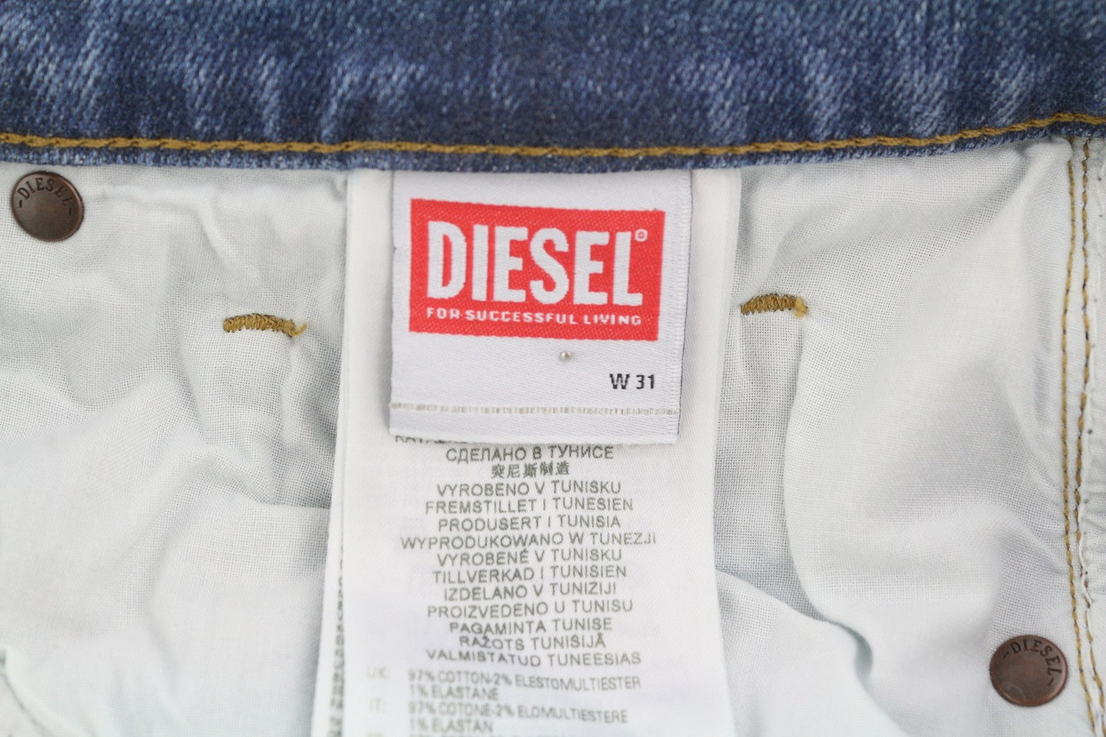 DIESEL D-Strukt 009NF vyriški džinsai W31/L30 Slim Stretch su užtrauktuku, skalbtos mėlynos spalvos 